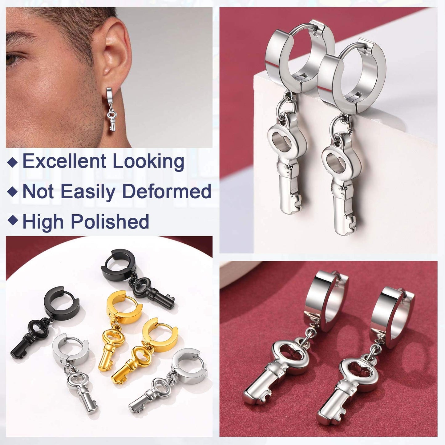 FaithHeart Huggie Hoop Earrings for Women-Stainless Steel/18K Gold Plated Dangling Drop Earring Ankh/Cross/Padlock/Italian Horn/Eye/Key Hoops Jewelry