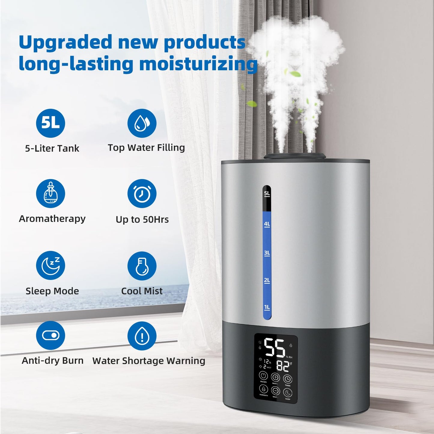 6L Humidifiers for Bedroom Large Room Home, Cool and Warm for Baby and Plants Mist Top Fill Desk Humidifiers Essential Oil Diffuser, Quiet with Adjustable Mist,360°Nozzle-Black