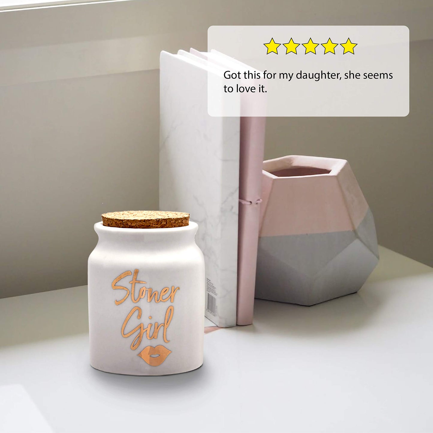 FASHIONCRAFT 88070 Stoner Girl Stash Jar – White with Gold Letters, Novetly Stash Jar, Herb Jar