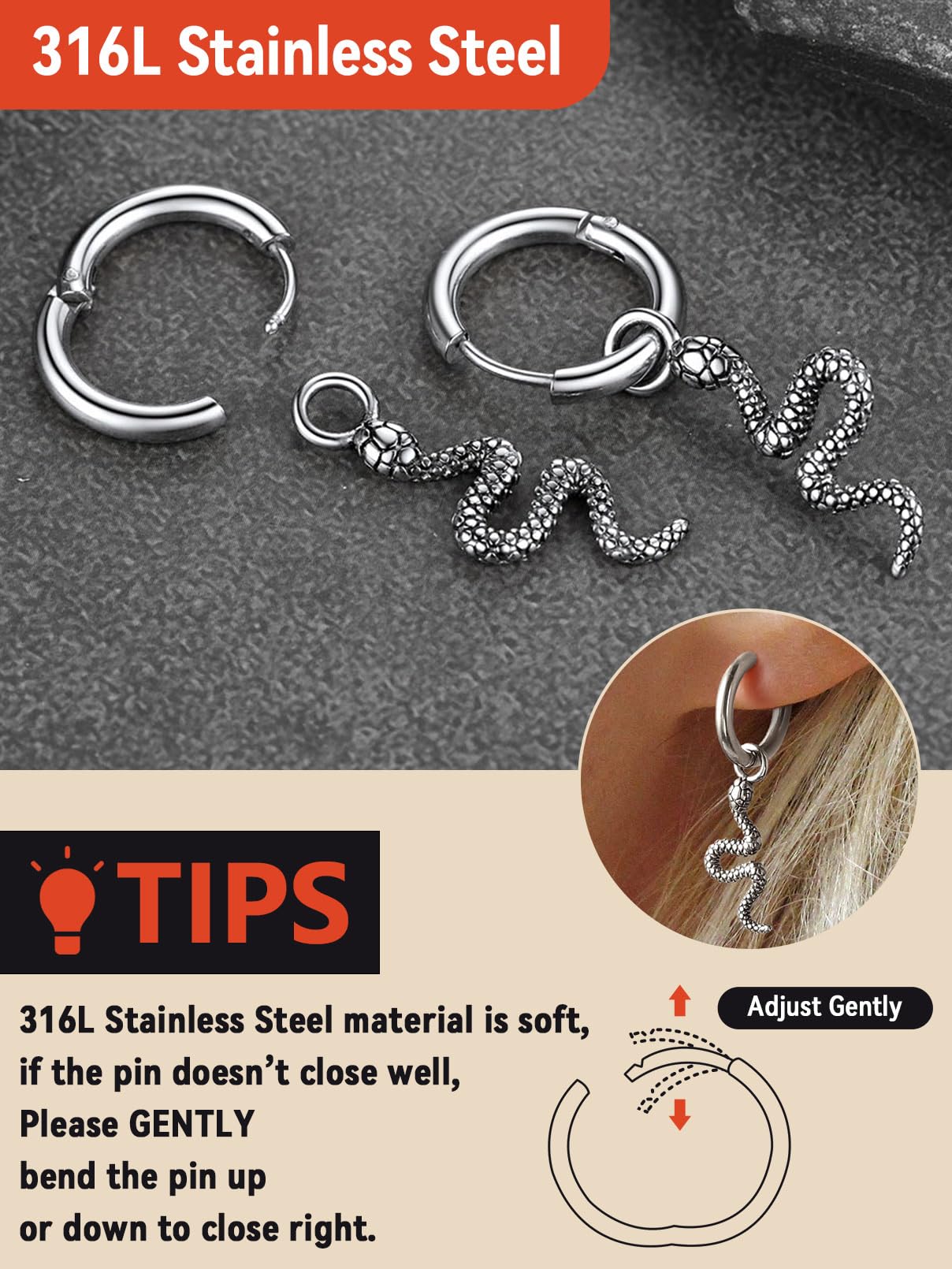 FaithHeart Dragon/Dinosaur/Snake Hoop Earrings for Men, Sturdy Stainless Steel Punk Biker Animals Hypoallergenic Jewelry, Gift Box