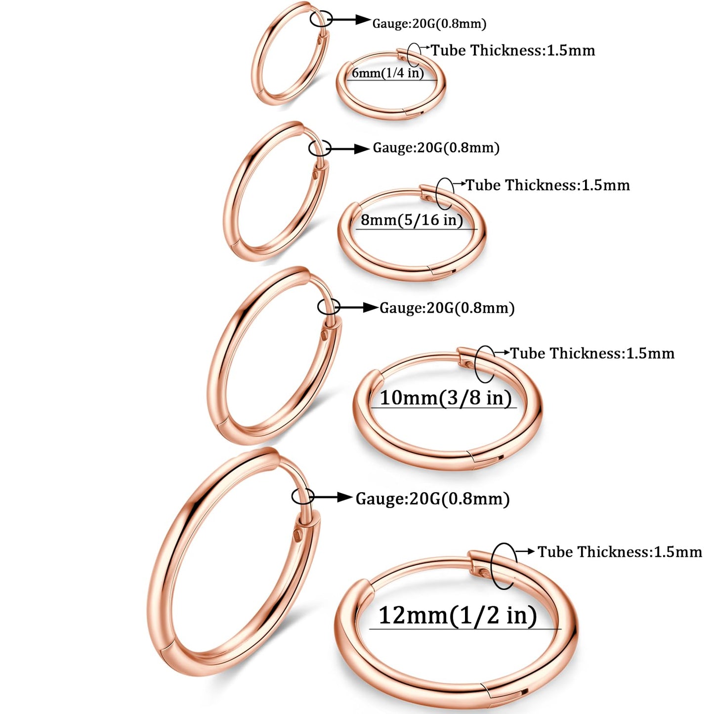 316L Surgical Stainless Steel Huggie Hoop Earrings 6mm 8mm 10mm 11mm 12mm 14mm Hypoallergenic Earrings Hoop Cartilage Helix Lobes Hinged Sleeper Earrings For Men Women Girls