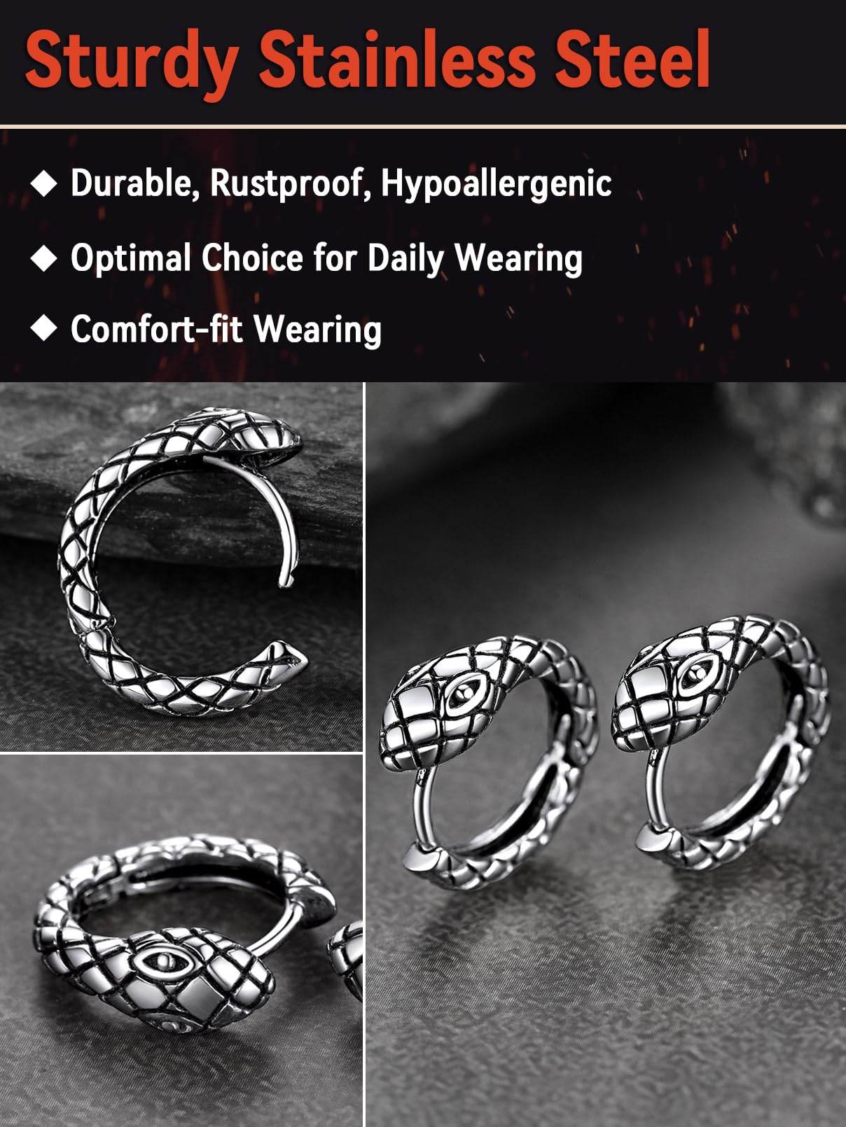 FaithHeart Dragon/Dinosaur/Snake Hoop Earrings for Men, Sturdy Stainless Steel Punk Biker Animals Hypoallergenic Jewelry, Gift Box
