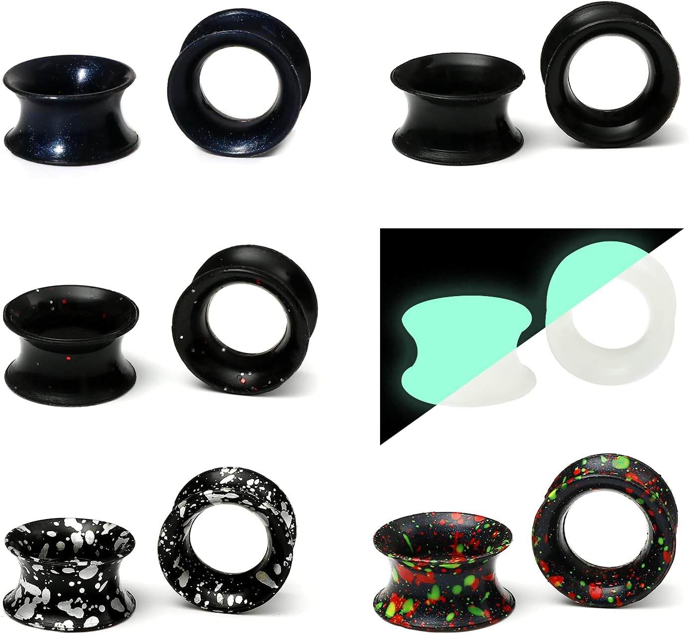 WBRWP 48/32/24/22/20/16/12pcs Ear Tunnels and Plugs - Double Flared Hollow Hard/Soft Silicone Ear Gauges - Ear Expander Stretcher Body Piercing Jewelry 8g-1"