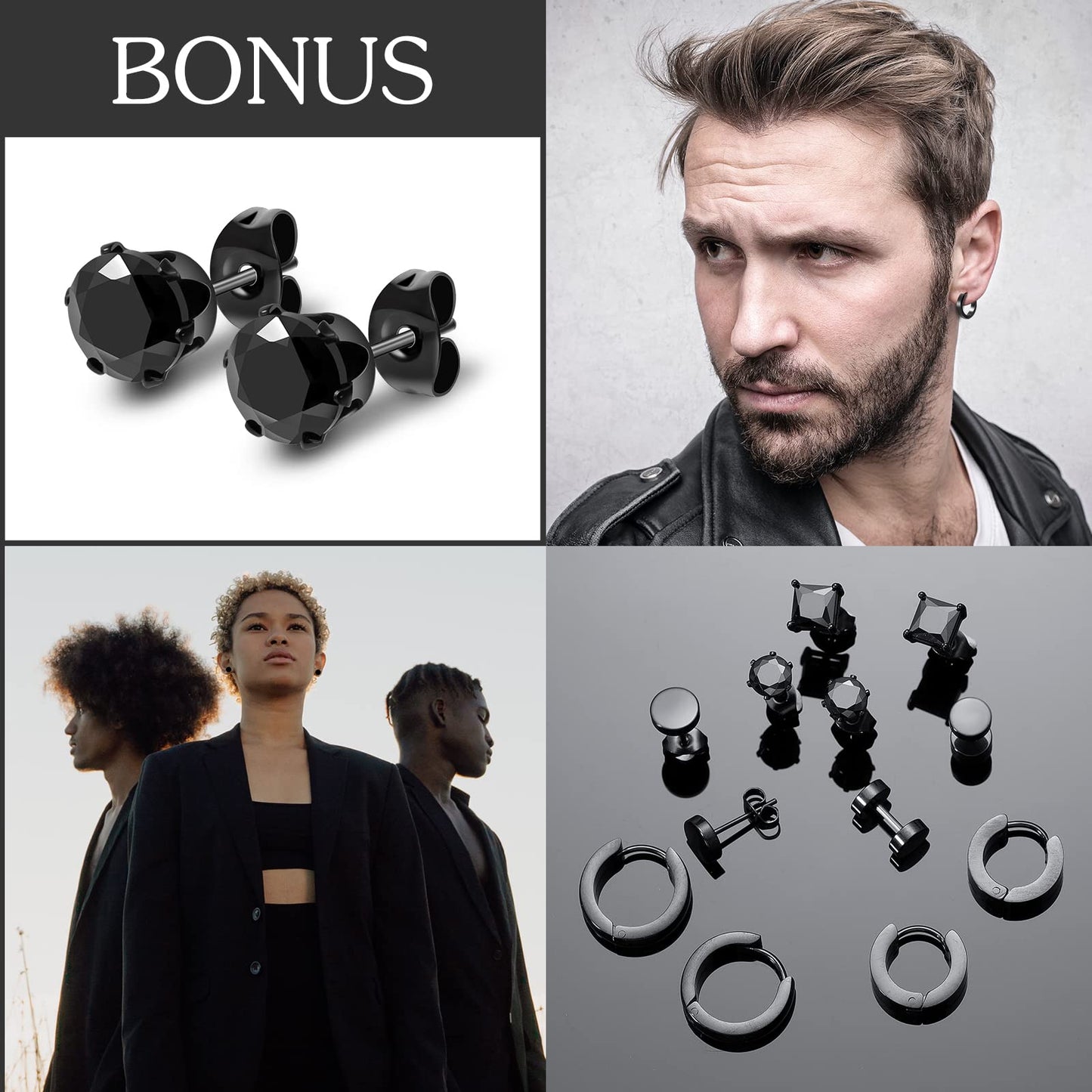 Black Stainless Steel Stud Earrings for Men Women Small Huggie Hoop Earrings Set for Men Cool Goth Punk Earrings Barbell Earrings Black Silver Hoop Cartilage Earring (Classic) (Black Tone)
