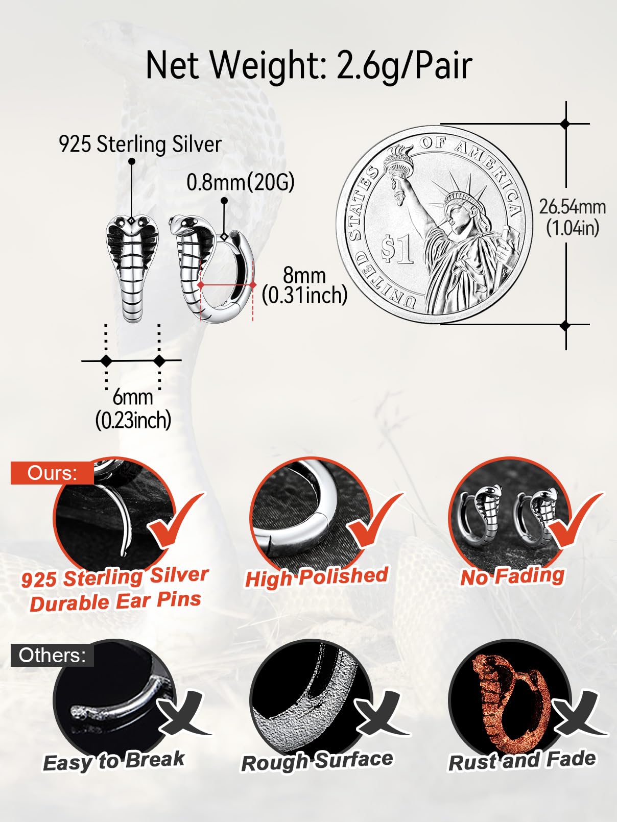 FaithHeart Dragon/Dinosaur/Snake Hoop Earrings for Men, Sturdy Stainless Steel Punk Biker Animals Hypoallergenic Jewelry, Gift Box