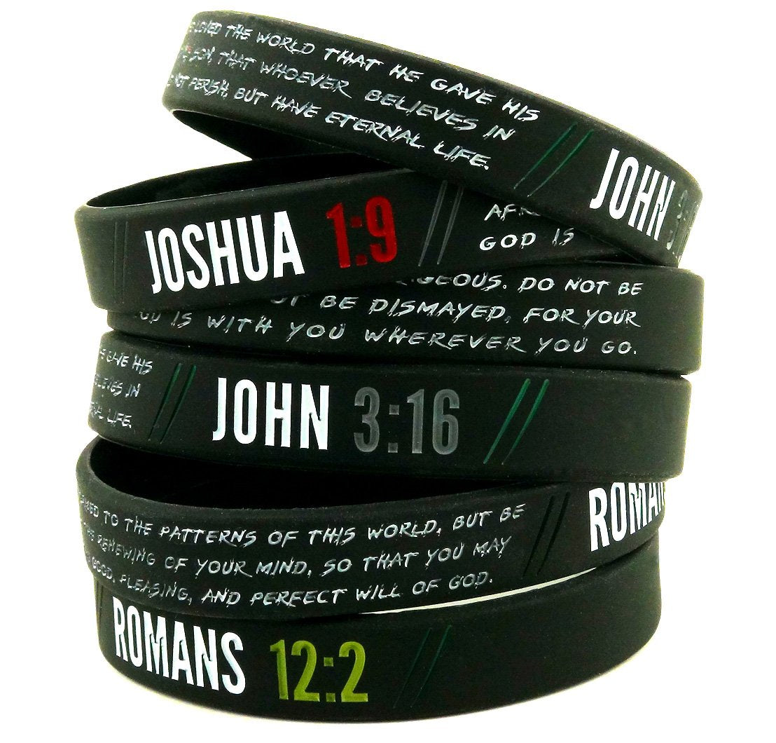 Christian Wristbands for Guys (6-pack) - John 3:16, Romans 12:2, and Joshua 1:9 - Religious Bible Gifts for Him Christian Men