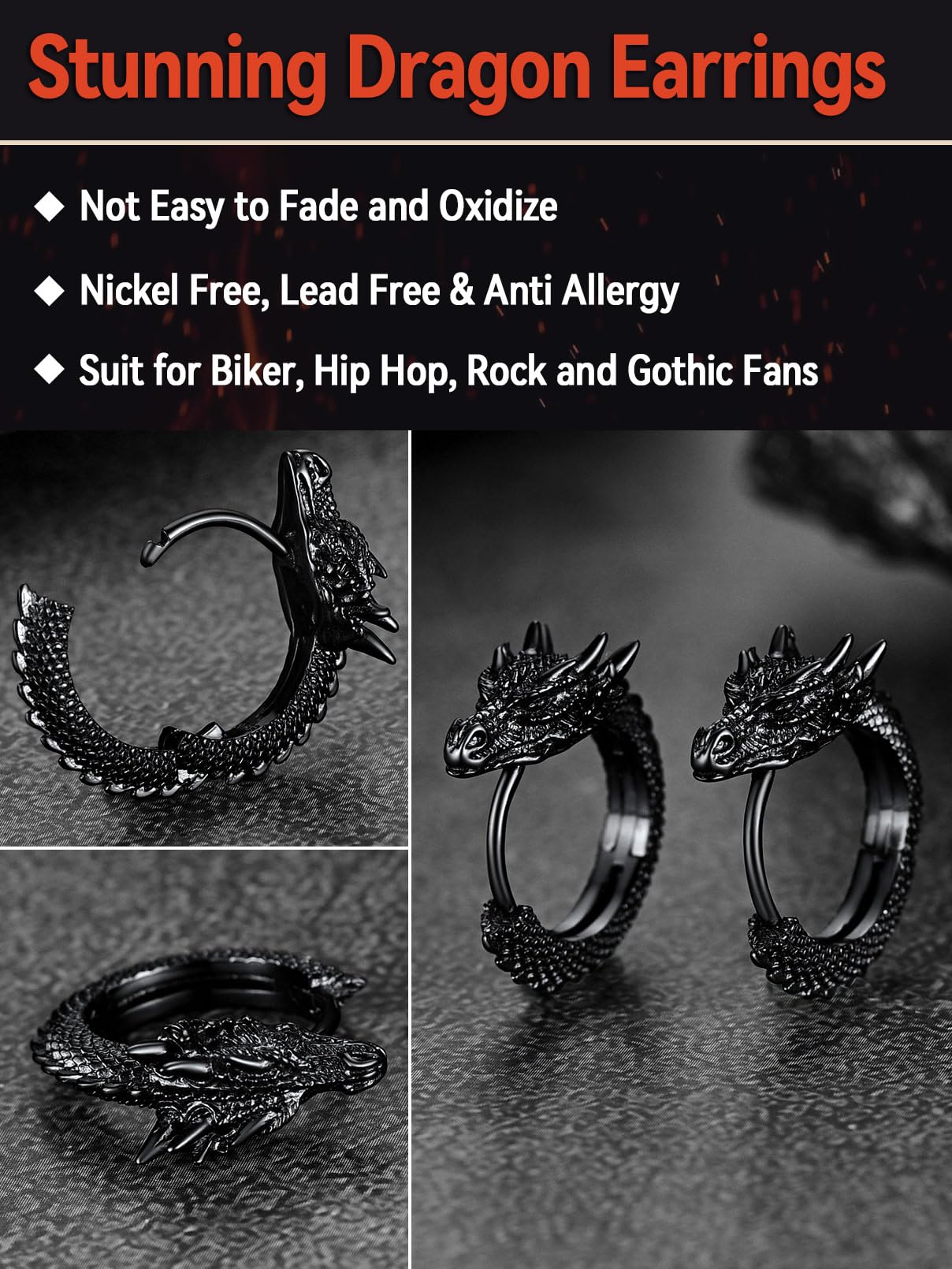FaithHeart Dragon/Dinosaur/Snake Hoop Earrings for Men, Sturdy Stainless Steel Punk Biker Animals Hypoallergenic Jewelry, Gift Box