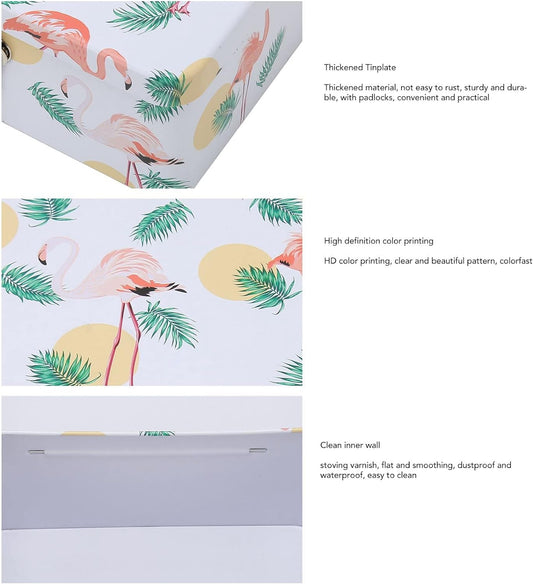 Retro Flamingo Leaves Tinplate Storage Box with Locks Keys Stash Box Lock Box Stash Box With Lock Stash Box Combos Multi-Purpose Rectangular Tin Box