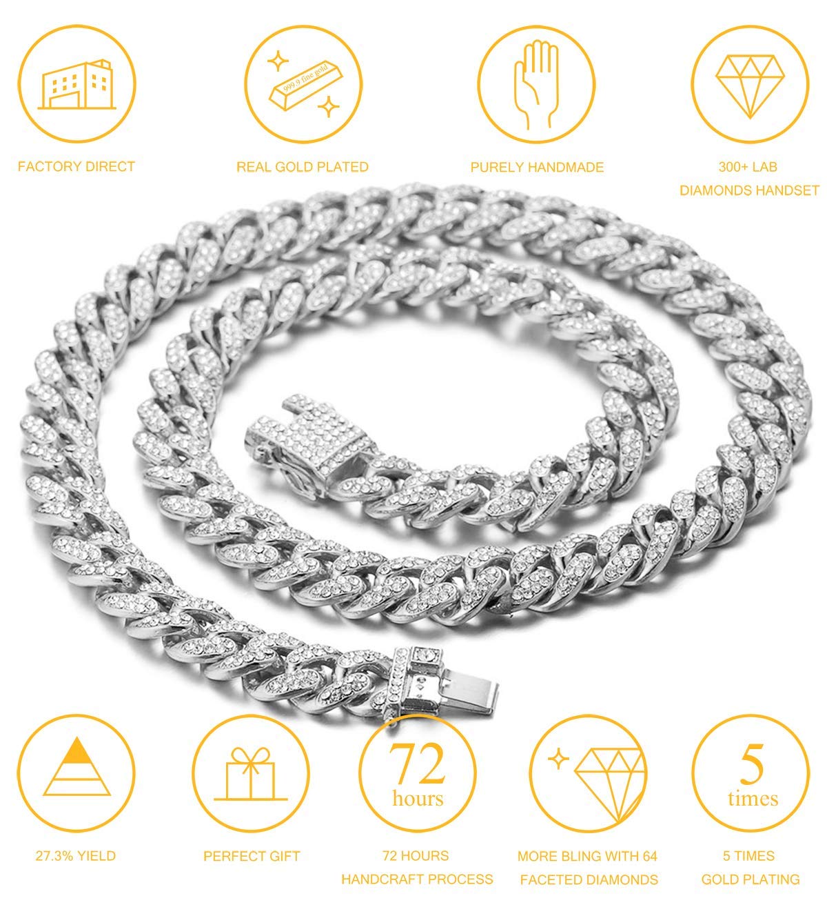 Halukakah Cat Collar - Carat - Iced Out Diamond Cuban Link Gold Chain for Cats & Kittens - Platinum Plated 7" Collar Size - for Decoration Only - Get Your Cat Catwalk Ready
