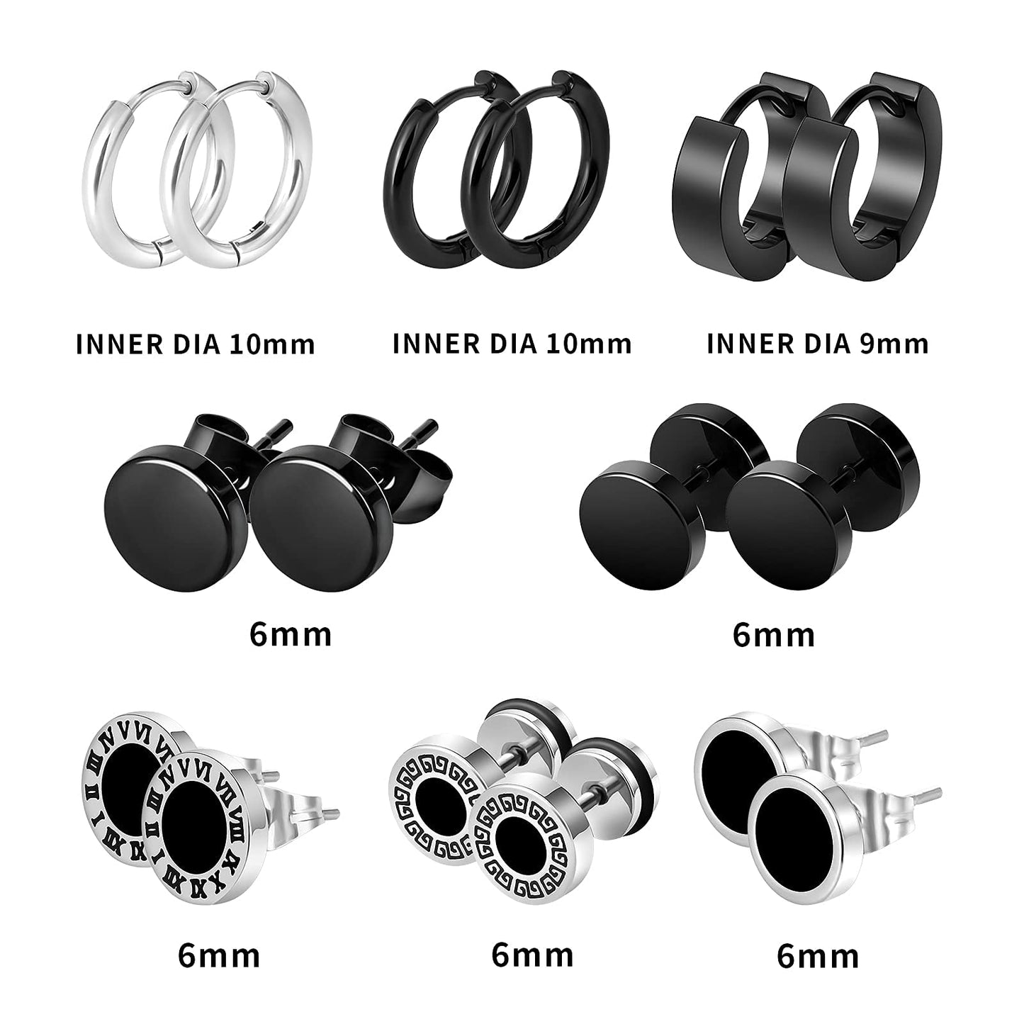 Black Stainless Steel Stud Earrings for Men Women Small Huggie Hoop Earrings Set for Men Cool Goth Punk Earrings Barbell Earrings Black Silver Hoop Cartilage Earring (Classic) (Black Tone)