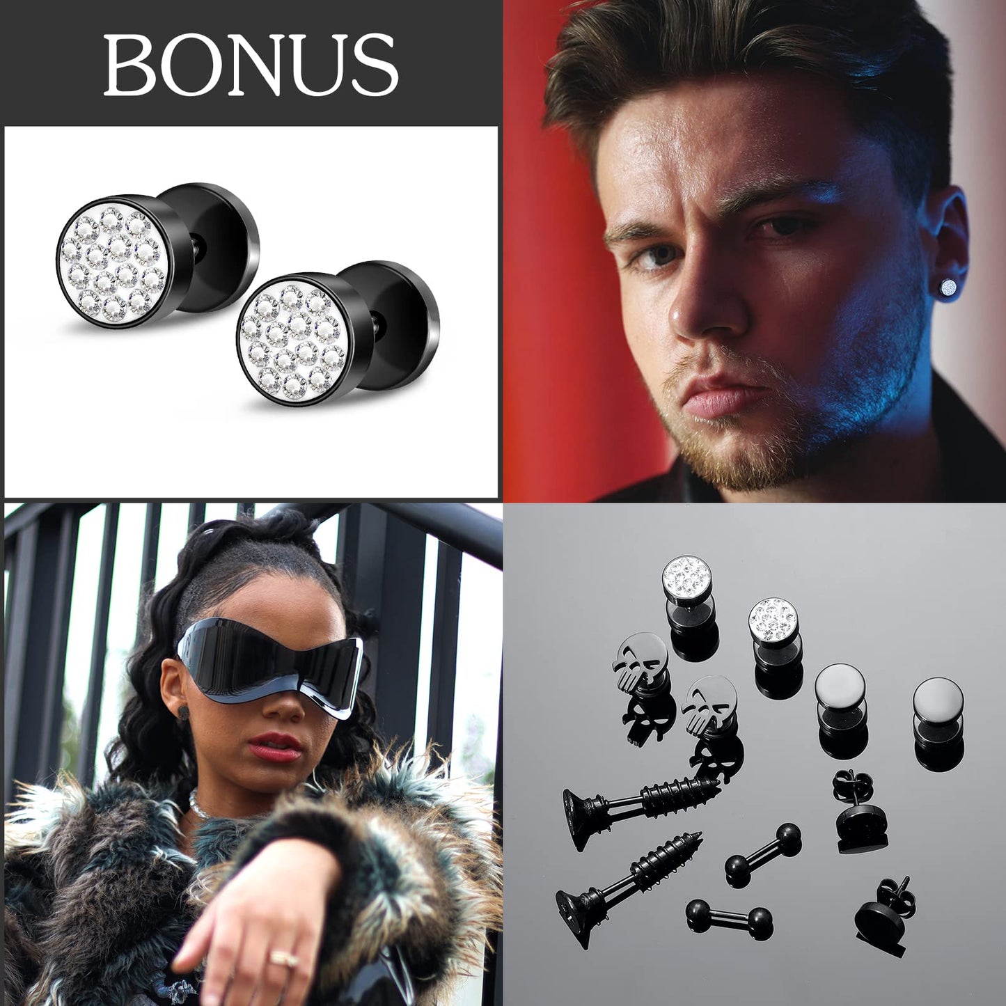 Black Stainless Steel Stud Earrings for Men Women Small Huggie Hoop Earrings Set for Men Cool Goth Punk Earrings Barbell Earrings Black Silver Hoop Cartilage Earring (Classic) (Black Tone)