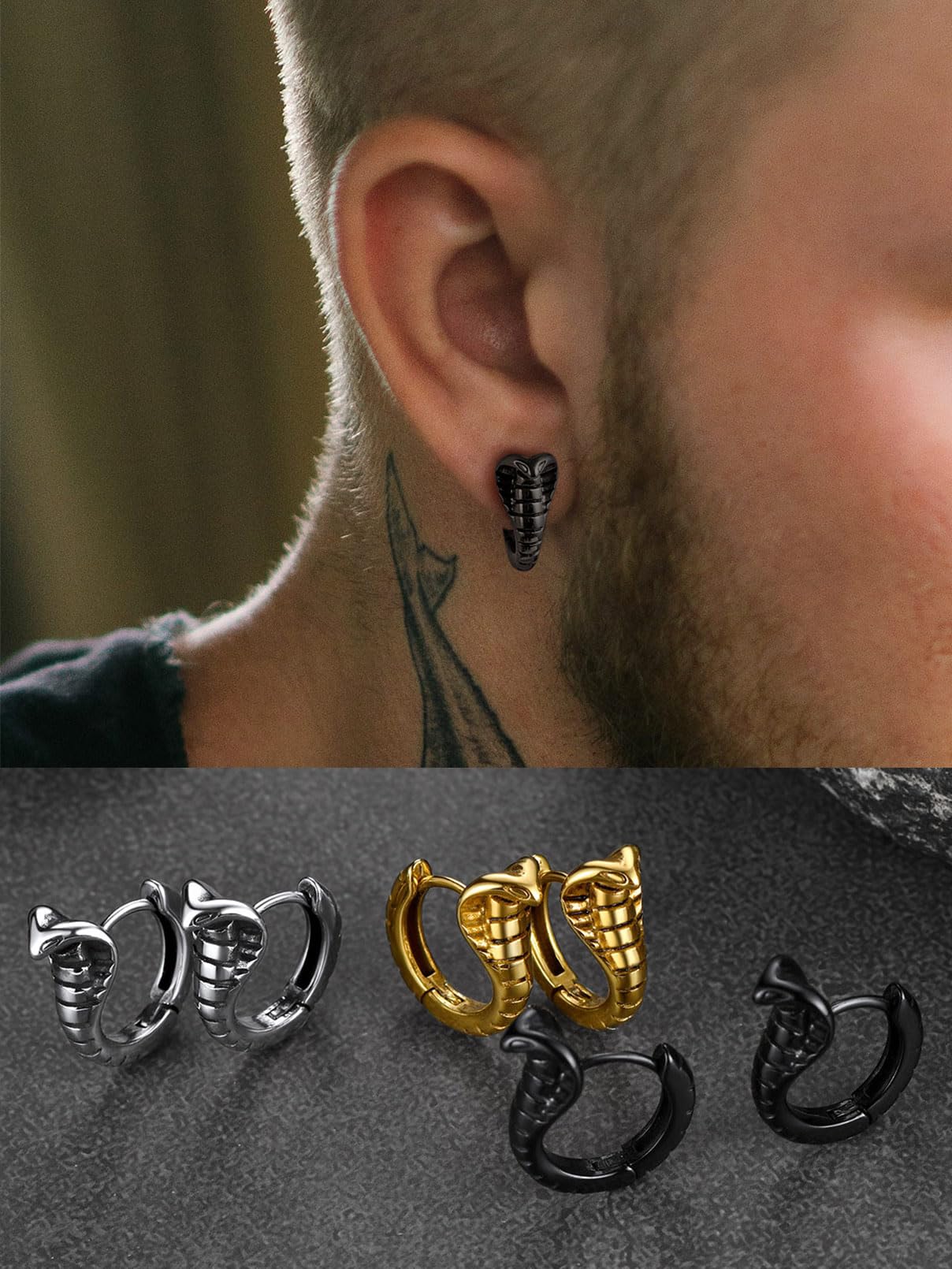 FaithHeart Dragon/Dinosaur/Snake Hoop Earrings for Men, Sturdy Stainless Steel Punk Biker Animals Hypoallergenic Jewelry, Gift Box