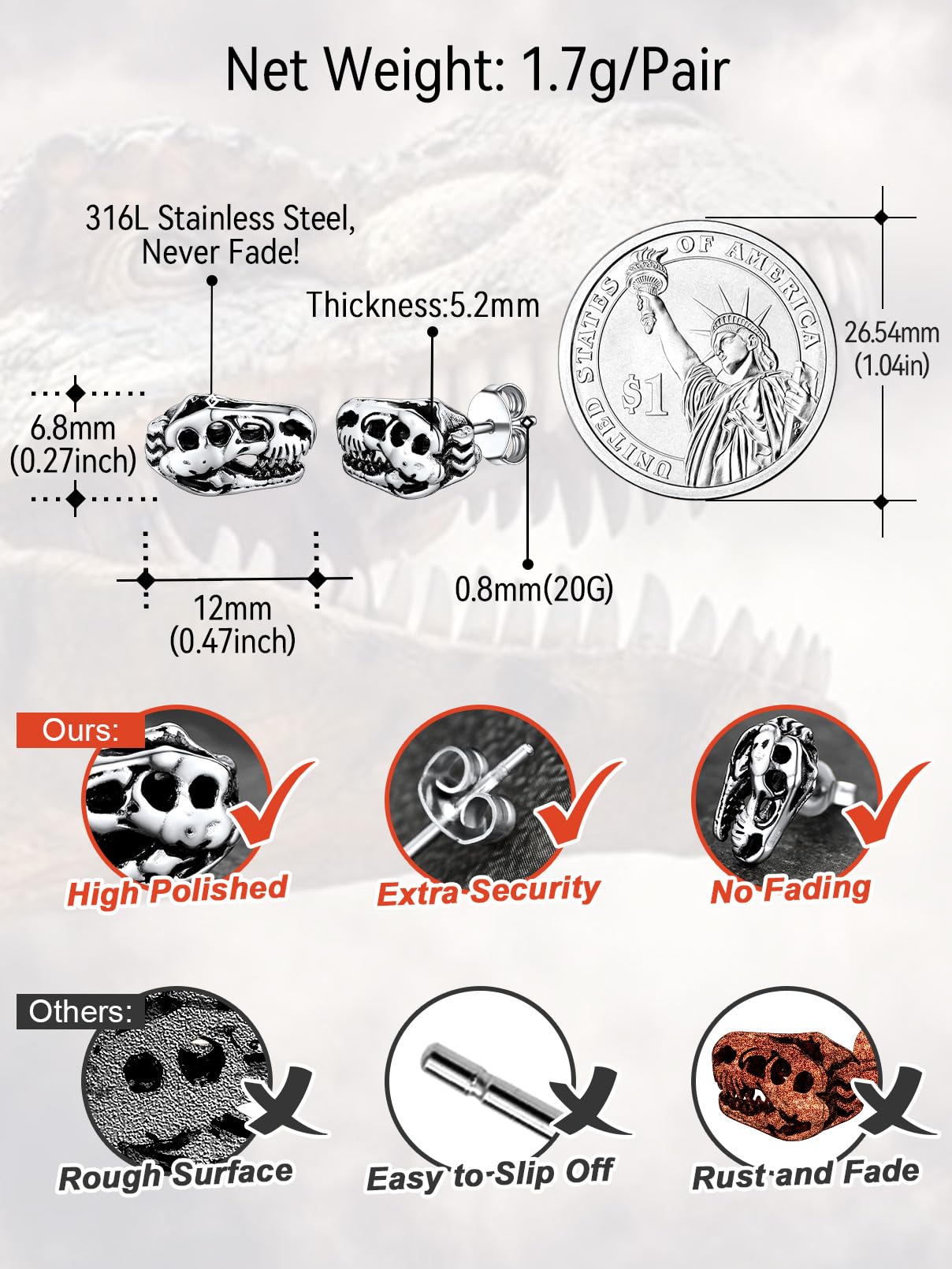 FaithHeart Dragon/Dinosaur/Snake Hoop Earrings for Men, Sturdy Stainless Steel Punk Biker Animals Hypoallergenic Jewelry, Gift Box