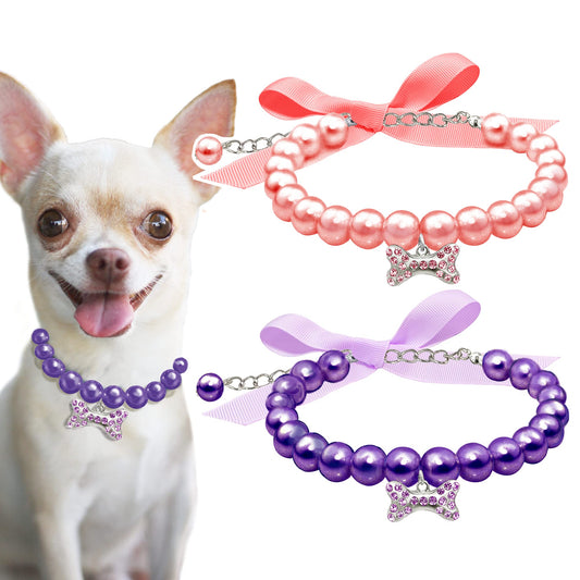 2 Pcs Dog Cat Pearl Collar Necklace with Rhinestone Bone, Fancy Cat Wedding Collar Jewelry for Girl Cat Puppy Dogs Accessories(Pink+White)