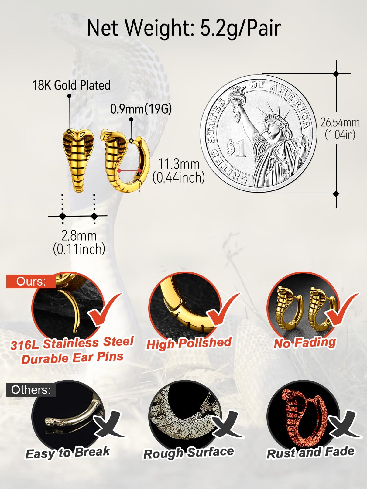 FaithHeart Dragon/Dinosaur/Snake Hoop Earrings for Men, Sturdy Stainless Steel Punk Biker Animals Hypoallergenic Jewelry, Gift Box