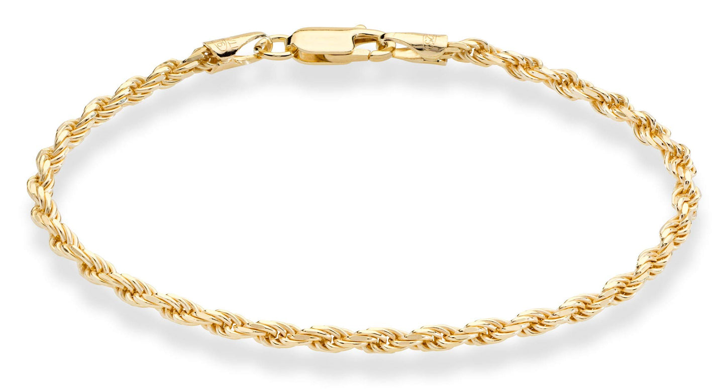 Miabella 18K Gold Over Sterling Silver Italian 2mm, 3mm Diamond-Cut Braided Rope Chain Bracelet for Men Women, Solid 925 Made in Italy