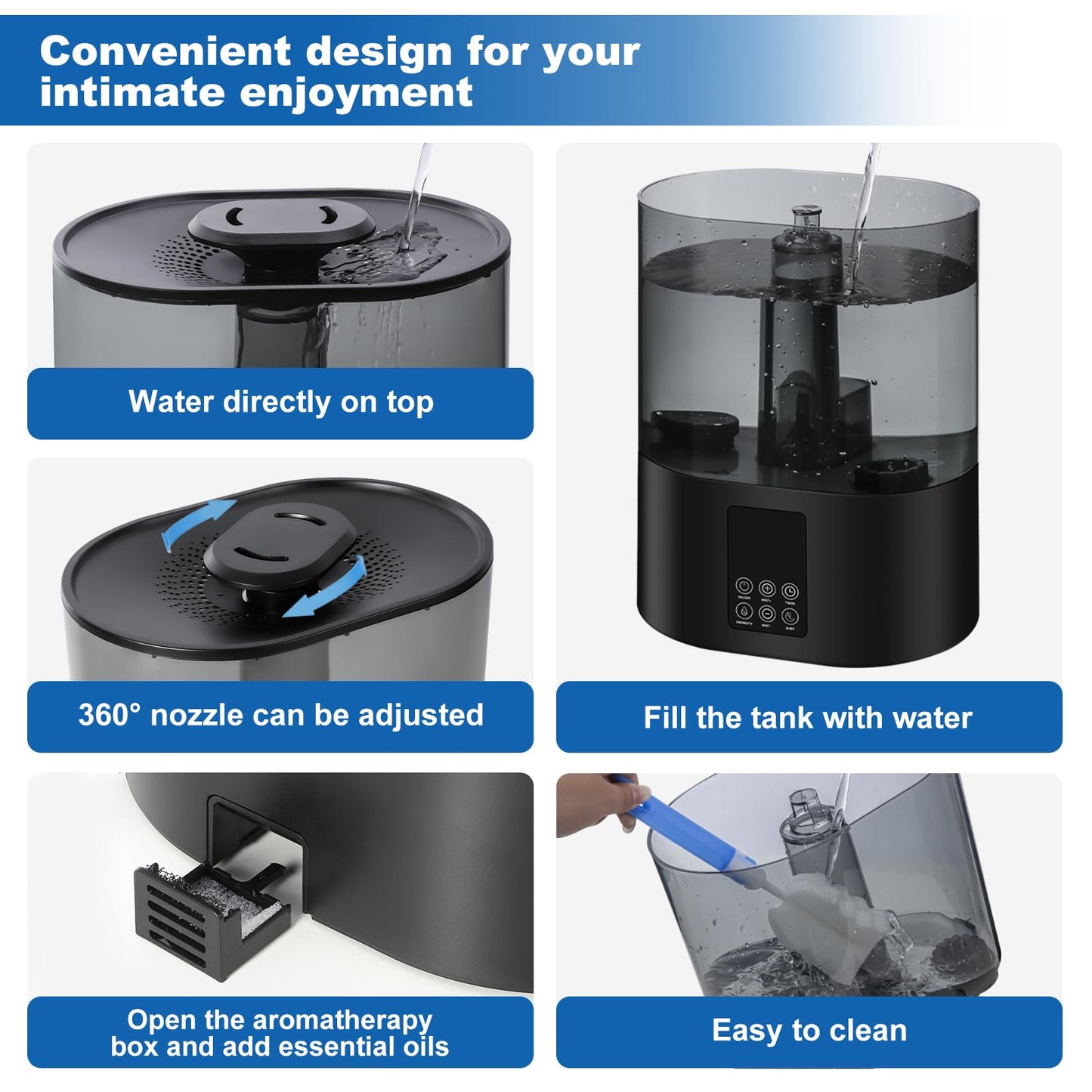 6L Humidifiers for Bedroom Large Room Home, Cool and Warm for Baby and Plants Mist Top Fill Desk Humidifiers Essential Oil Diffuser, Quiet with Adjustable Mist,360°Nozzle-Black