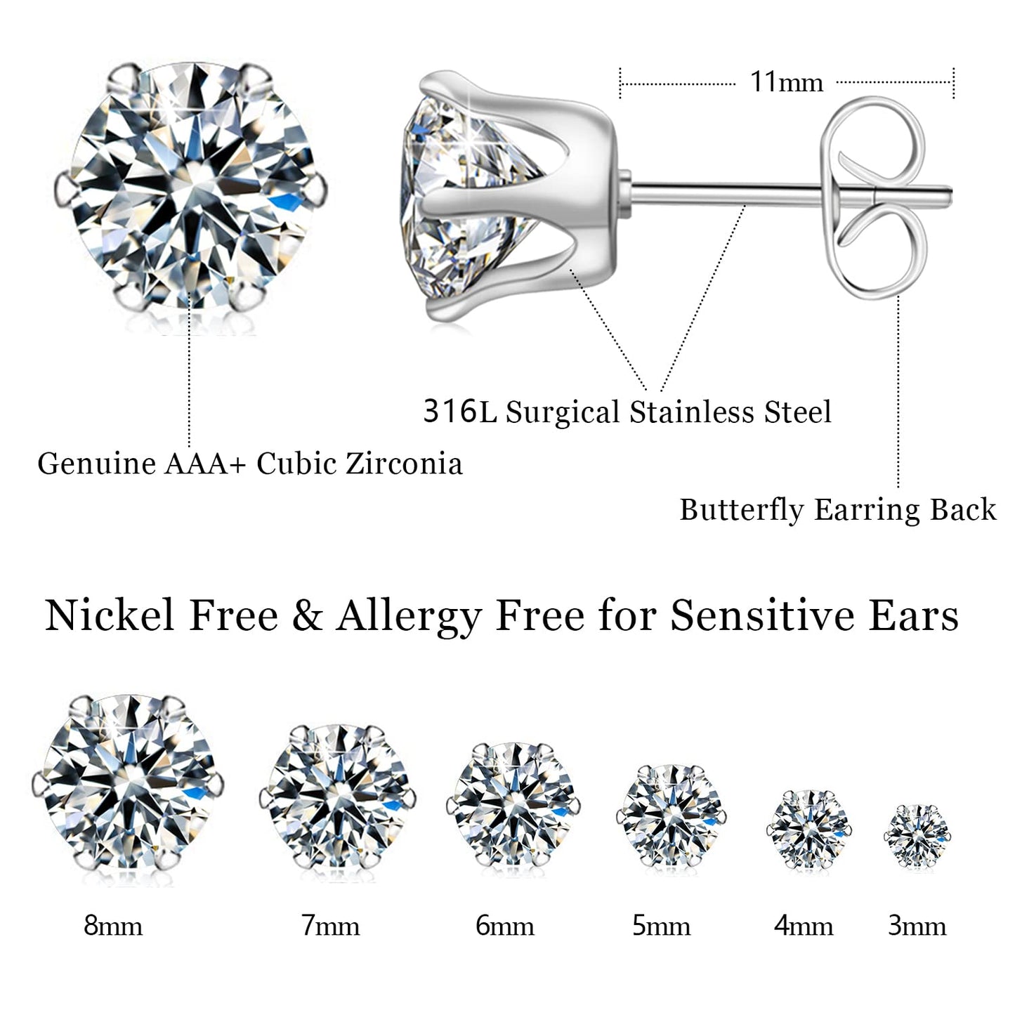 UHIBROS 6 Pairs Stainless Steel Stud Earrings Set Hypoallergenic Cubic Zirconia 14K White Gold 316L CZ Earrings