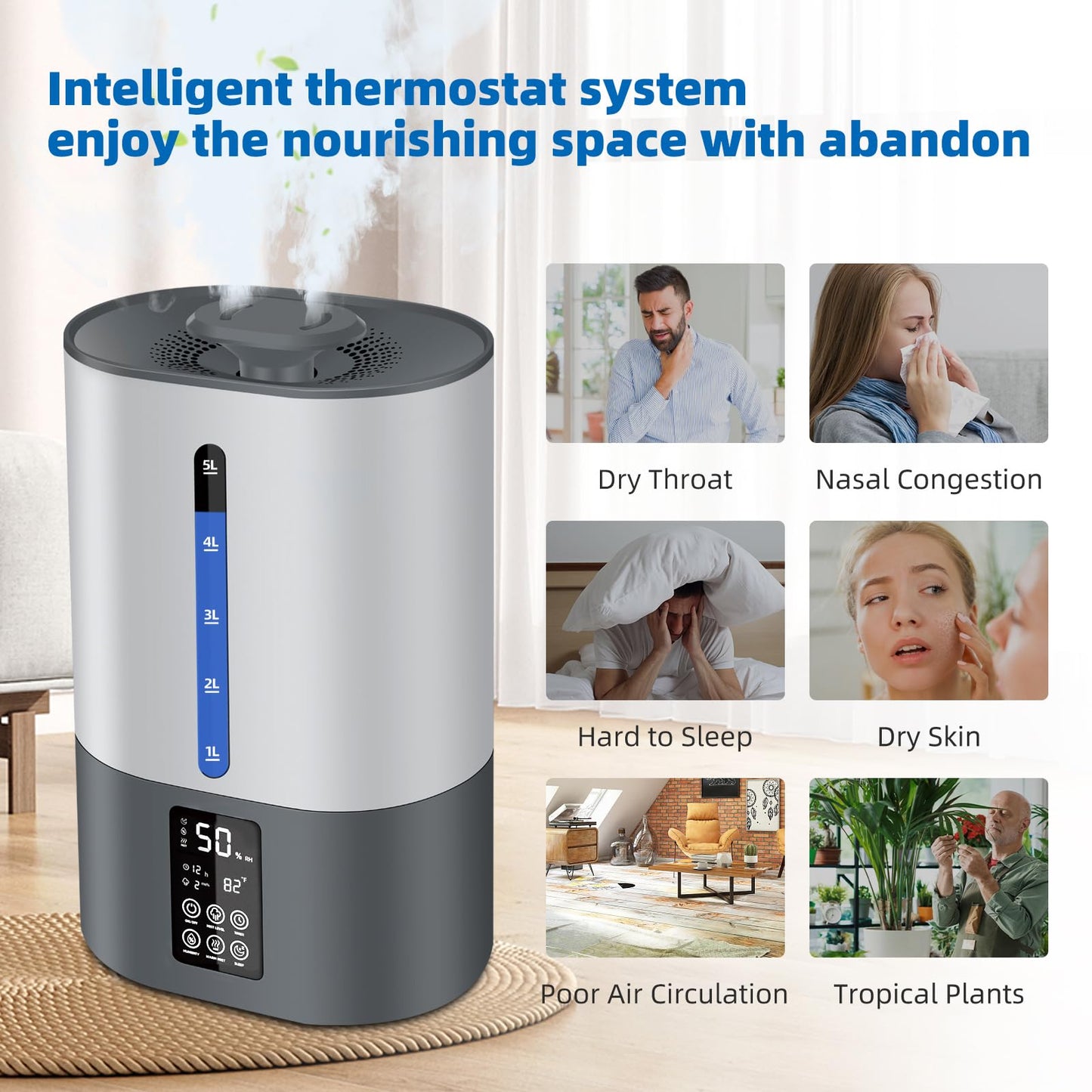 6L Humidifiers for Bedroom Large Room Home, Cool and Warm for Baby and Plants Mist Top Fill Desk Humidifiers Essential Oil Diffuser, Quiet with Adjustable Mist,360°Nozzle-Black