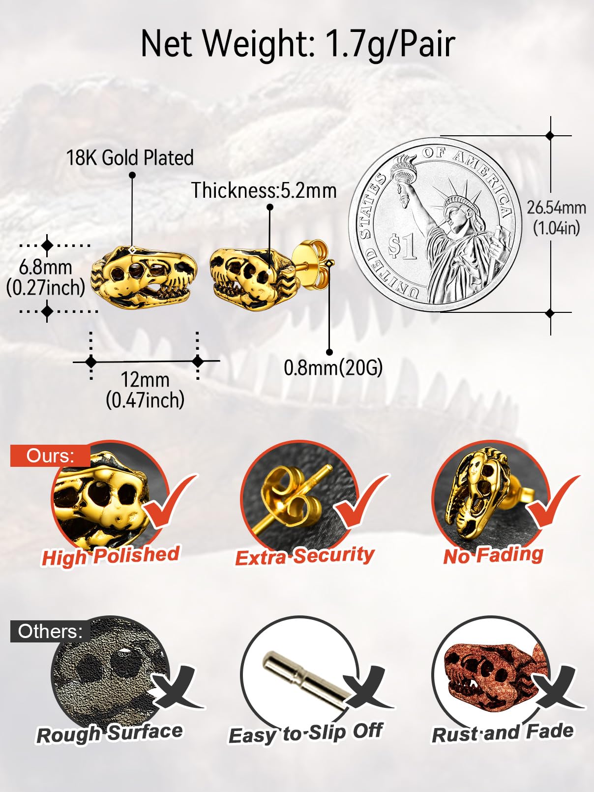 FaithHeart Dragon/Dinosaur/Snake Hoop Earrings for Men, Sturdy Stainless Steel Punk Biker Animals Hypoallergenic Jewelry, Gift Box