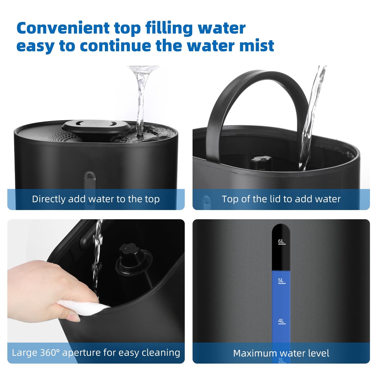 6L Humidifiers for Bedroom Large Room Home, Cool and Warm for Baby and Plants Mist Top Fill Desk Humidifiers Essential Oil Diffuser, Quiet with Adjustable Mist,360°Nozzle-Black