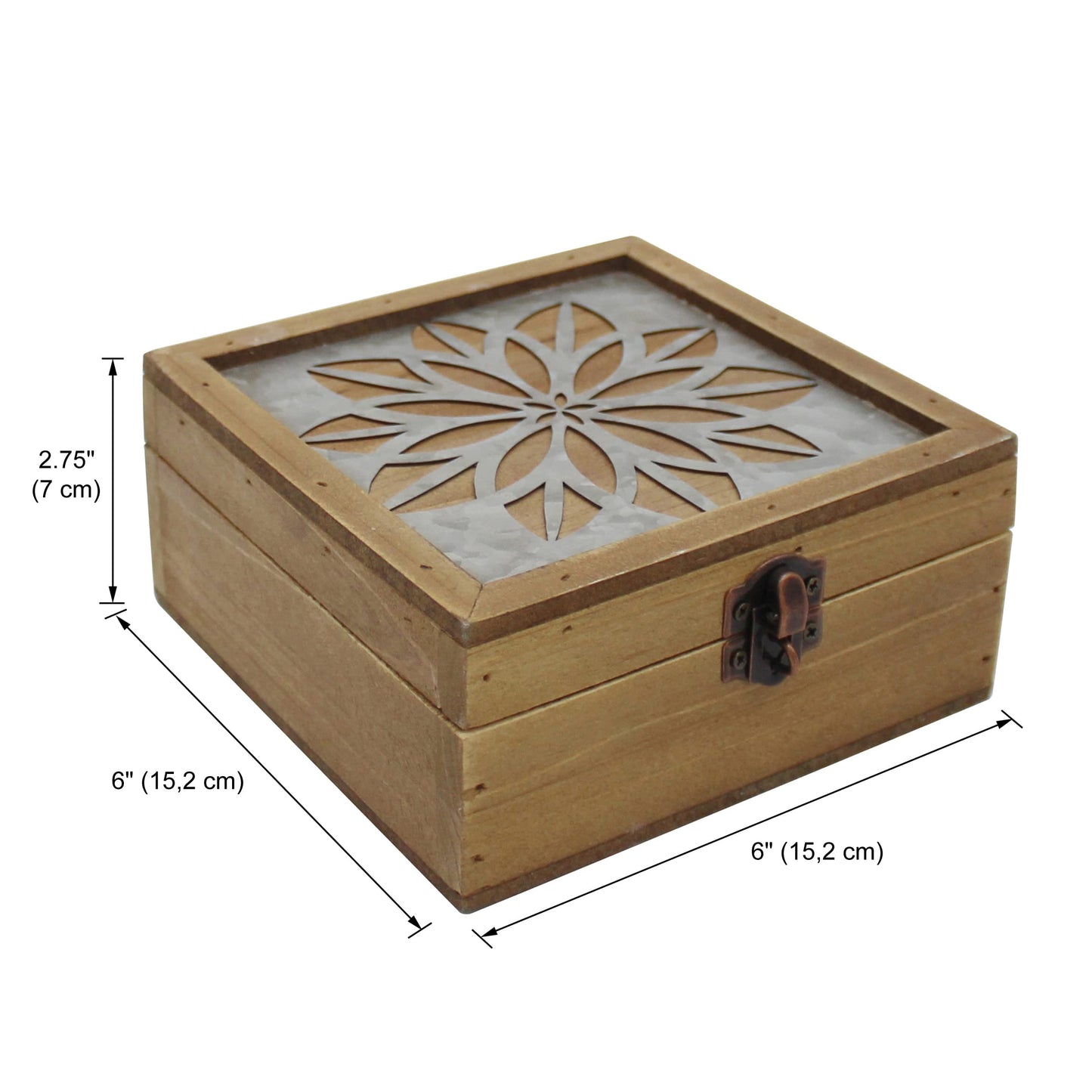 CVHOMEDECO. Rustic Metal Decorative Box Vintage Galvanized Storage Box with Lid and Hinged Square Stash Boxes for Photos, Jewelry, Keepsake and Gifts. Blue