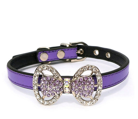 Leather Rhinestone Bow Tie Pet Cat Dog Collar Necklace Jewelry for Small Dogs Girl Kitten Puppy Teacup Chihuahua Yorkie Clothes Costume Outfits (5.9 to 8.2-Inch, Purple)