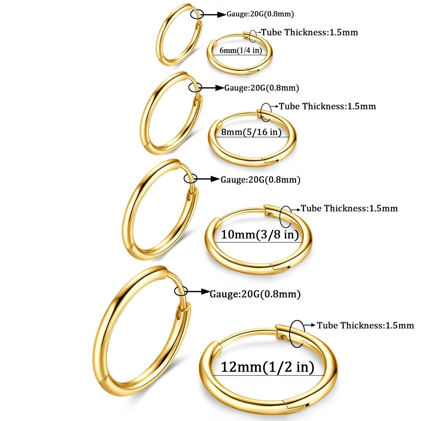 316L Surgical Stainless Steel Huggie Hoop Earrings 6mm 8mm 10mm 11mm 12mm 14mm Hypoallergenic Earrings Hoop Cartilage Helix Lobes Hinged Sleeper Earrings For Men Women Girls