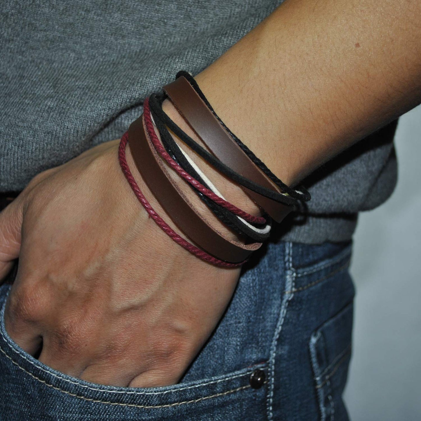 Genuine Leather Bracelet for Women & Men,Unisex Multilayer Leather Adjustable Bracelet Cuff Wrap Multicolor Rope Wristband