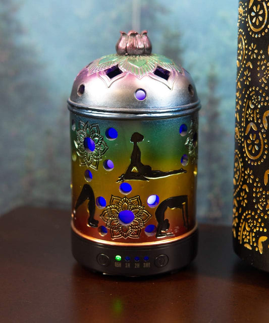 Ebros Gift Buddhist Lotus Mandala Chakra Zones Rainbow 7 Colors Wiccan Yoga Meditation Poses Essential Oil Diffuser with Colorful LED Lights and Electronic USB Power Cord Home Aromatherapy Accessory