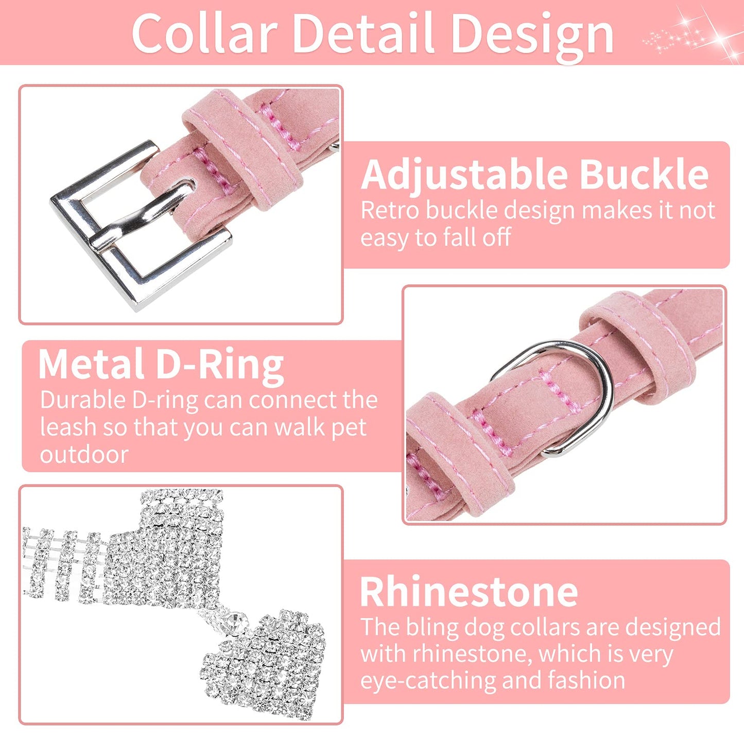 EXPAWLORER Dog Collar Rhinestone Necklace - Cute Sparkling Pet Collar for Girl Dogs and Cats, Soft Crystal Cat Collar Neck Decoration, Adjustable for Small Medium Large Breed Sizes, Pink XS