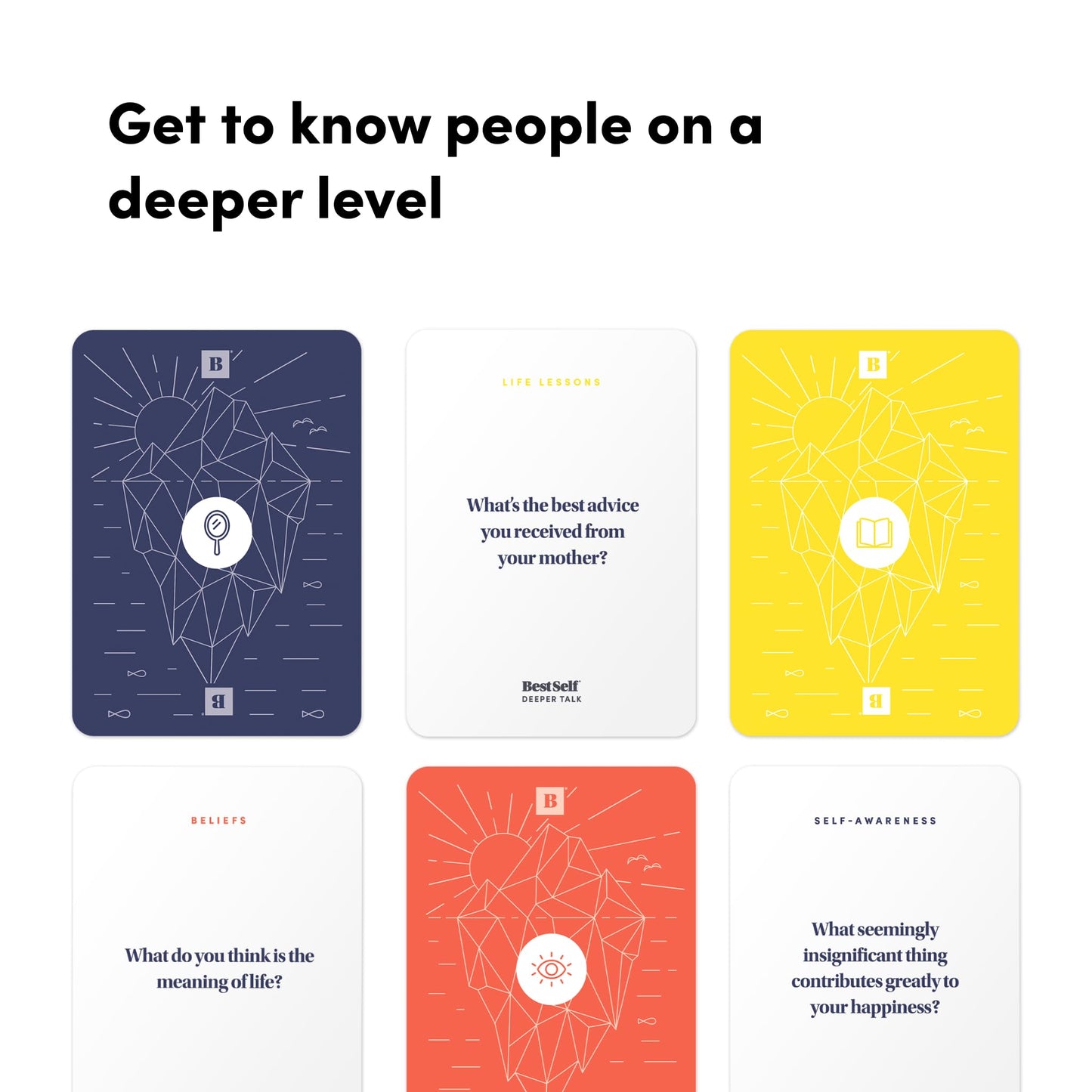 BestSelf Icebreaker Deeper Talk Deck - Conversation Starter Card Pack to Deepen Friendships with 150 Prompts to Create Real Conversations for Friends, Coworkers, Family, Dates