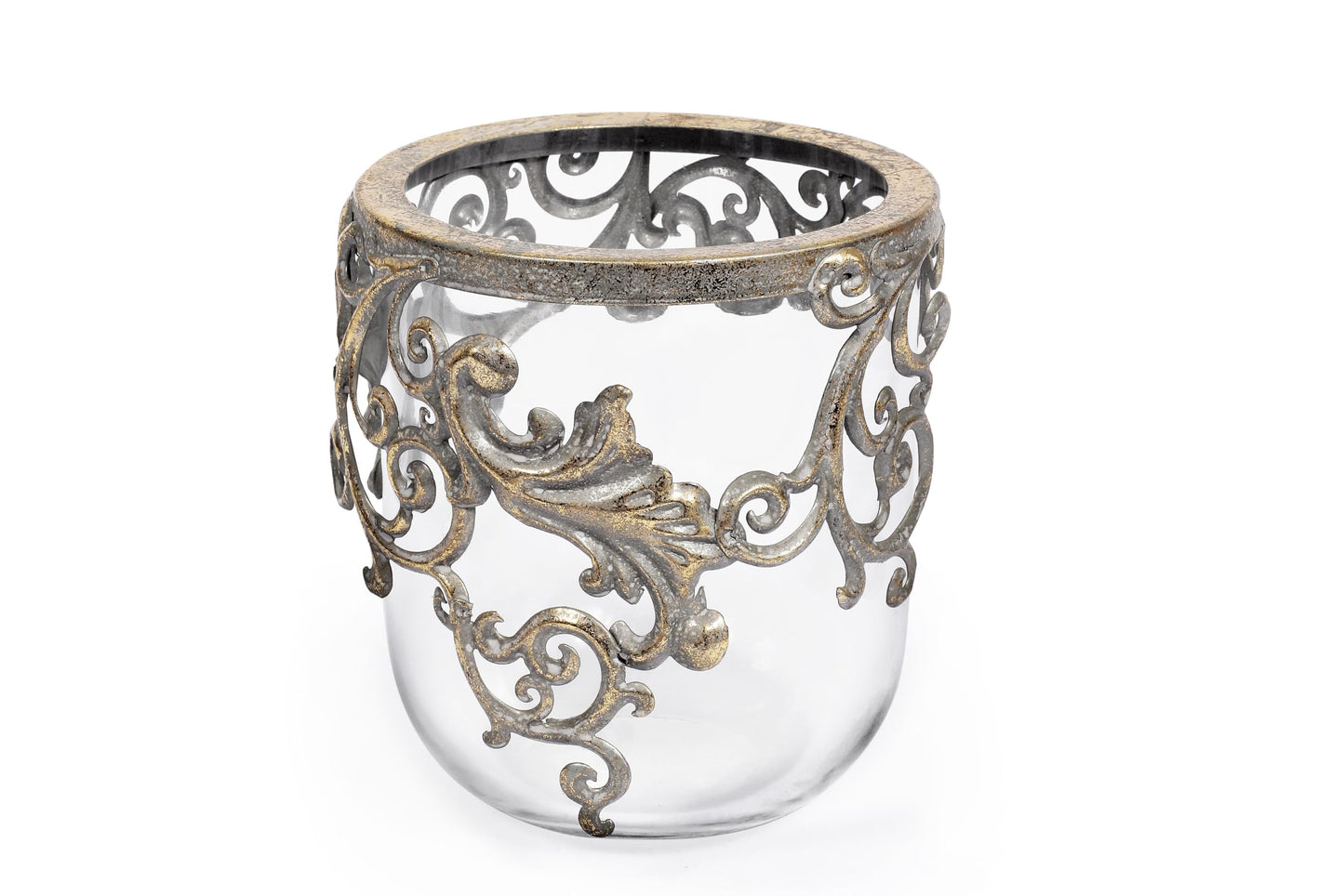 6" Tall Handmade Sturdy Glass Hurricane Candle Holder with Filigree Decoration, Dia5.1 x H5.9 in Antique Gold Ss Centerpieces for Pillar Candle, Succulent Plants and Terrarium. Farmhouse(S, Gold, 1)