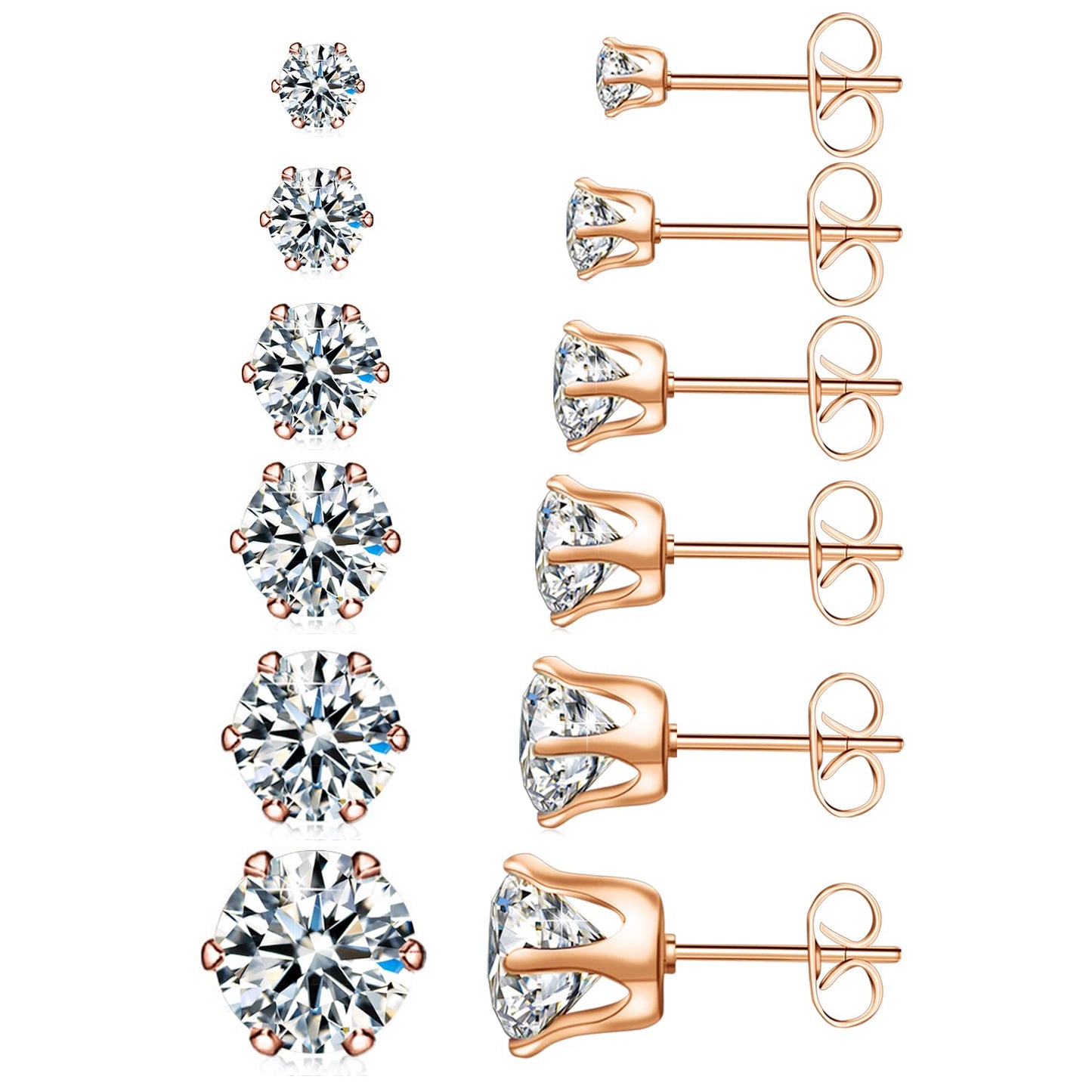 UHIBROS 6 Pairs Stainless Steel Stud Earrings Set Hypoallergenic Cubic Zirconia 14K White Gold 316L CZ Earrings