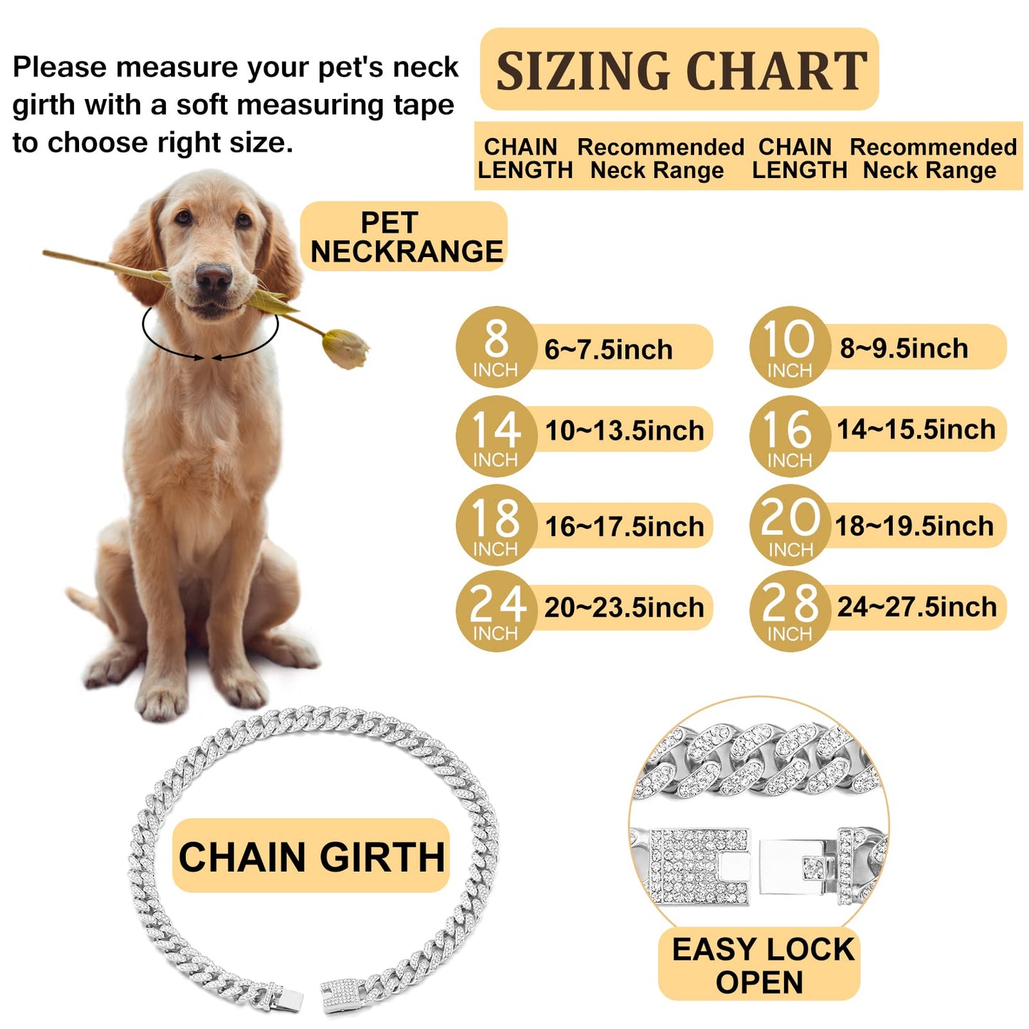 Cuban Link Dog Collar Gold Silver Color Metal Chain Diamond Pet Collars for Dogs Cats Jewelry 8/10/14/16/18/20/24/28 Inch (16inch, Gold)