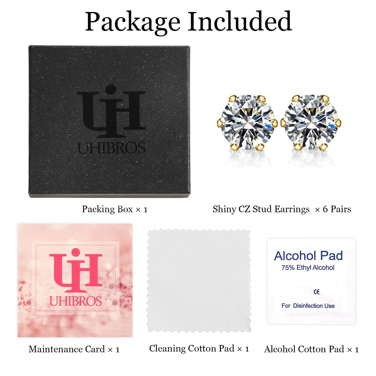 UHIBROS 6 Pairs Stainless Steel Stud Earrings Set Hypoallergenic Cubic Zirconia 14K White Gold 316L CZ Earrings