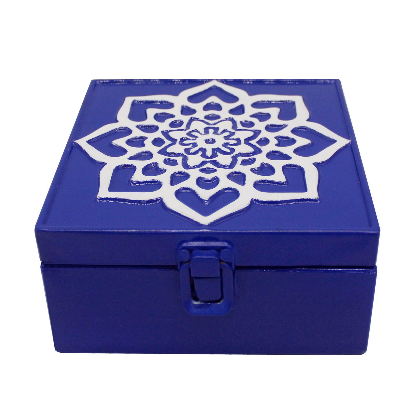 CVHOMEDECO. Rustic Metal Decorative Box Vintage Galvanized Storage Box with Lid and Hinged Square Stash Boxes for Photos, Jewelry, Keepsake and Gifts. Blue
