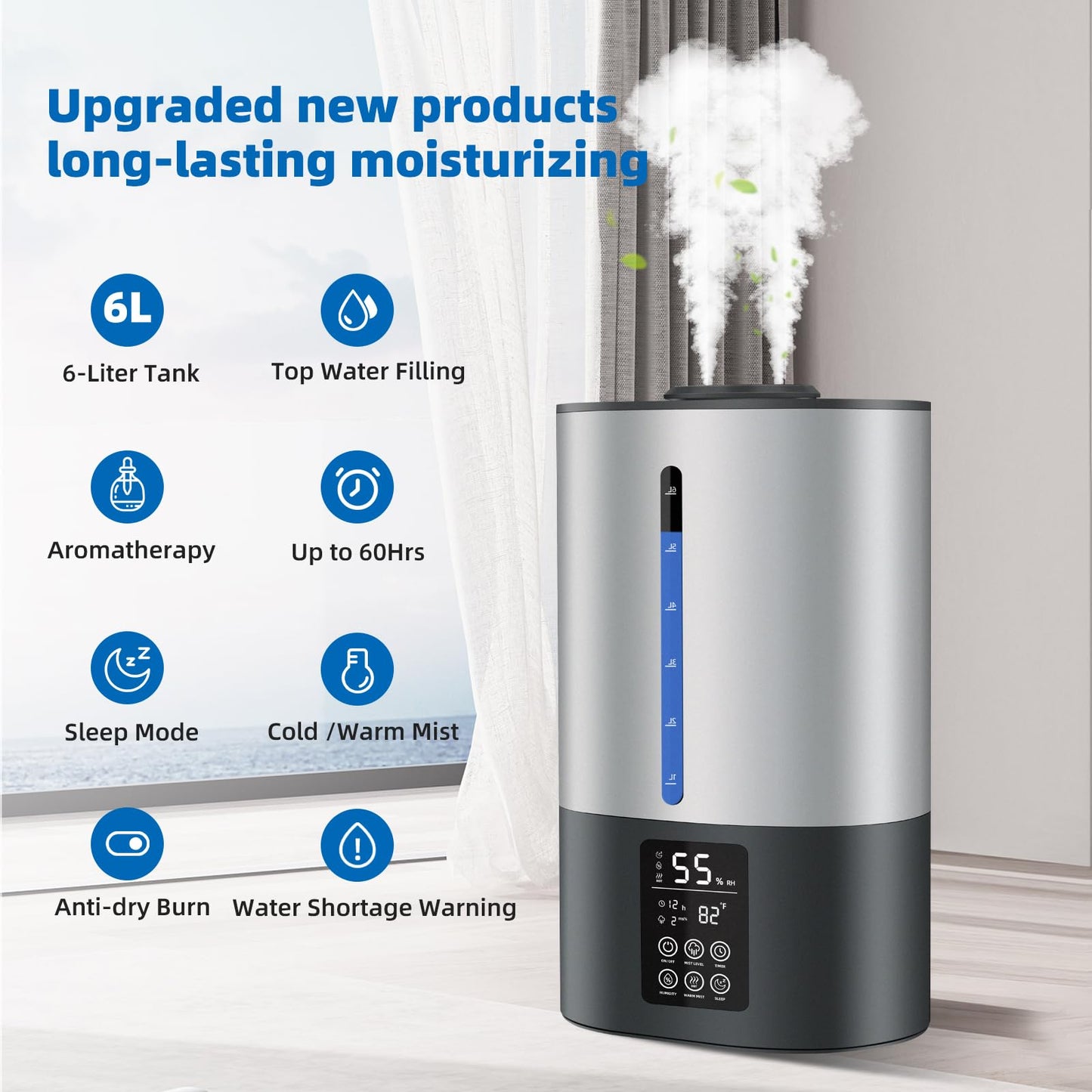 6L Humidifiers for Bedroom Large Room Home, Cool and Warm for Baby and Plants Mist Top Fill Desk Humidifiers Essential Oil Diffuser, Quiet with Adjustable Mist,360°Nozzle-Black