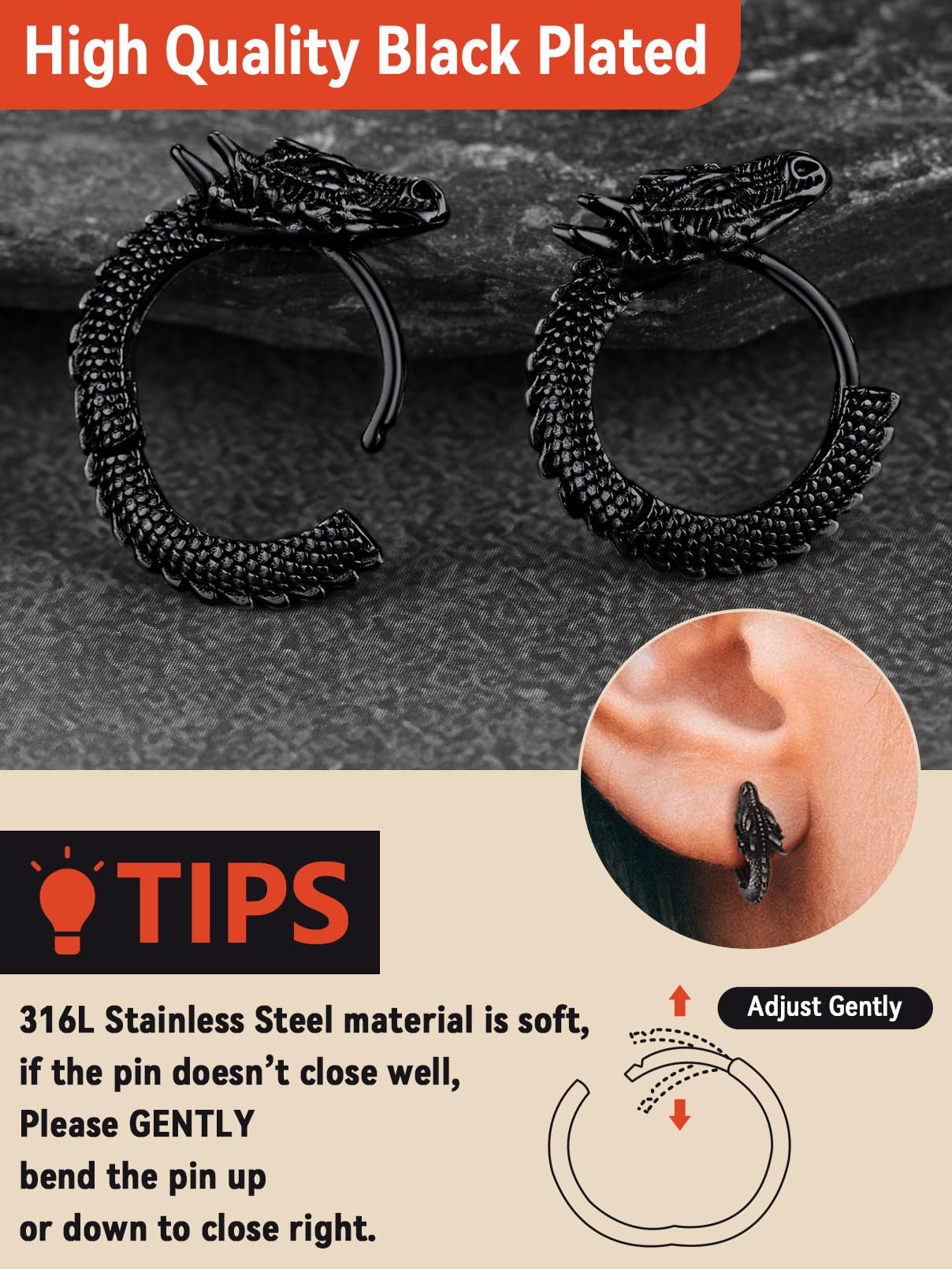 FaithHeart Dragon/Dinosaur/Snake Hoop Earrings for Men, Sturdy Stainless Steel Punk Biker Animals Hypoallergenic Jewelry, Gift Box