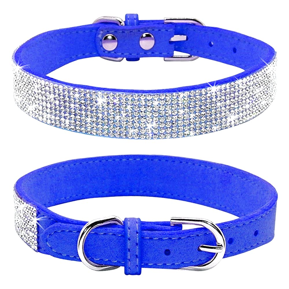 Rhinestone Dog Collar, Cute Dazzling Sparkling Soft Suede Leather Dog Cat Rhinestone Collar Crystal Diamond Pet Dog Puppy Collar (XS, Blue-1)