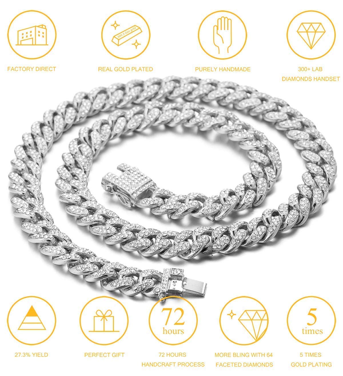 Halukakah Cat Collar - Carat - Iced Out Diamond Cuban Link Gold Chain for Cats & Kittens - Platinum Plated 7" Collar Size - for Decoration Only - Get Your Cat Catwalk Ready
