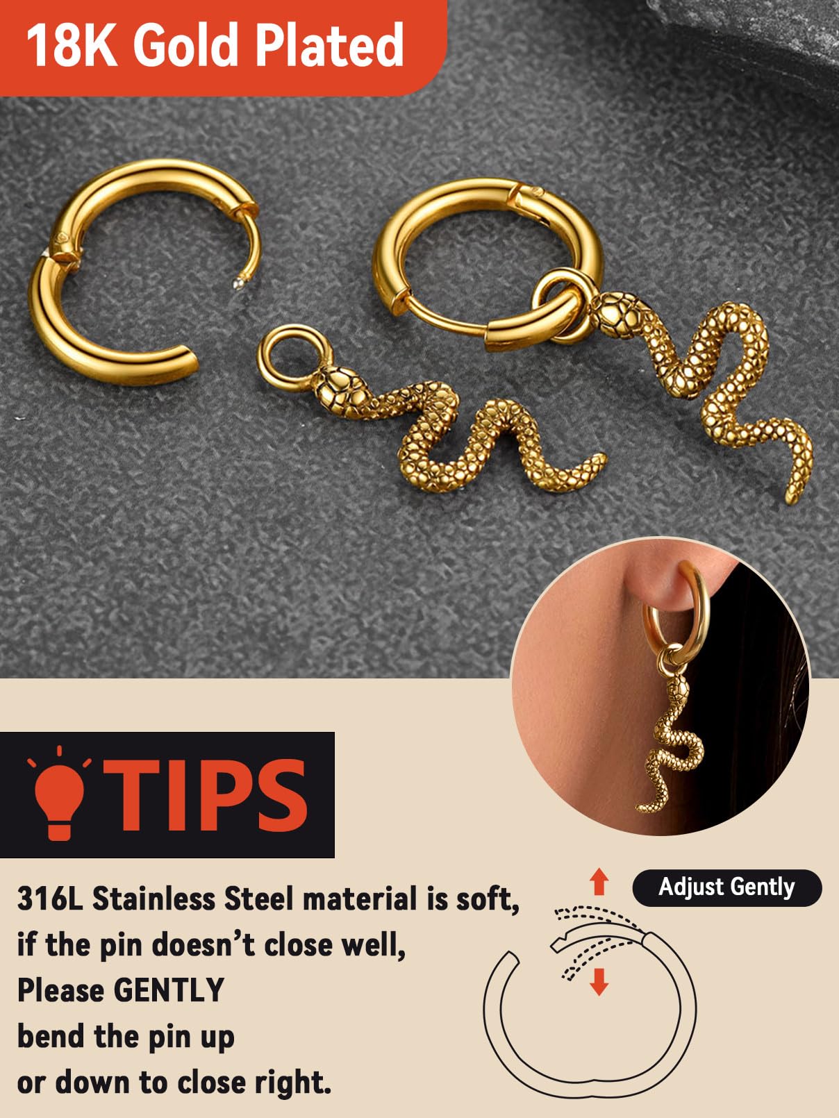 FaithHeart Dragon/Dinosaur/Snake Hoop Earrings for Men, Sturdy Stainless Steel Punk Biker Animals Hypoallergenic Jewelry, Gift Box