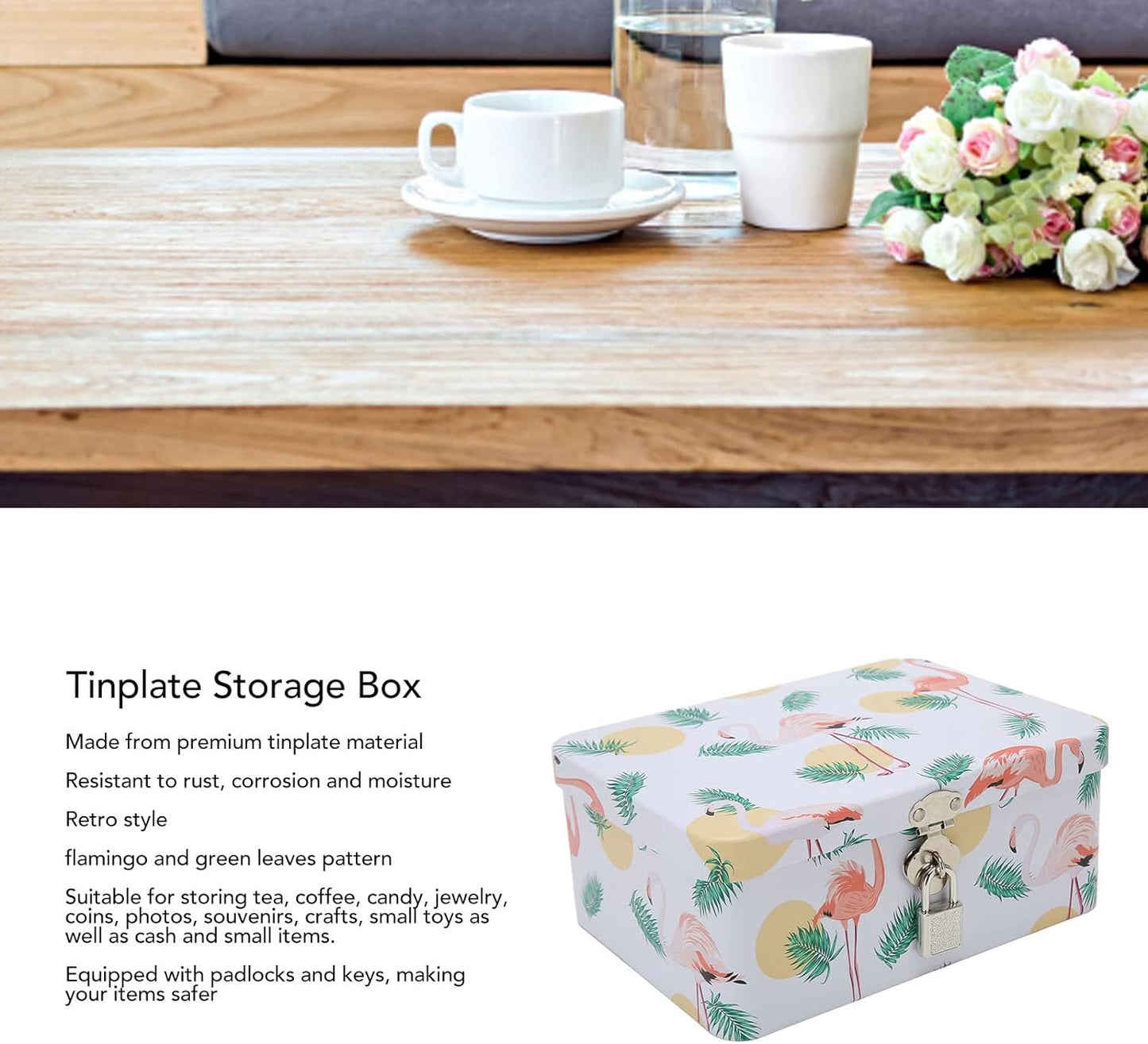 Retro Flamingo Leaves Tinplate Storage Box with Locks Keys Stash Box Lock Box Stash Box With Lock Stash Box Combos Multi-Purpose Rectangular Tin Box