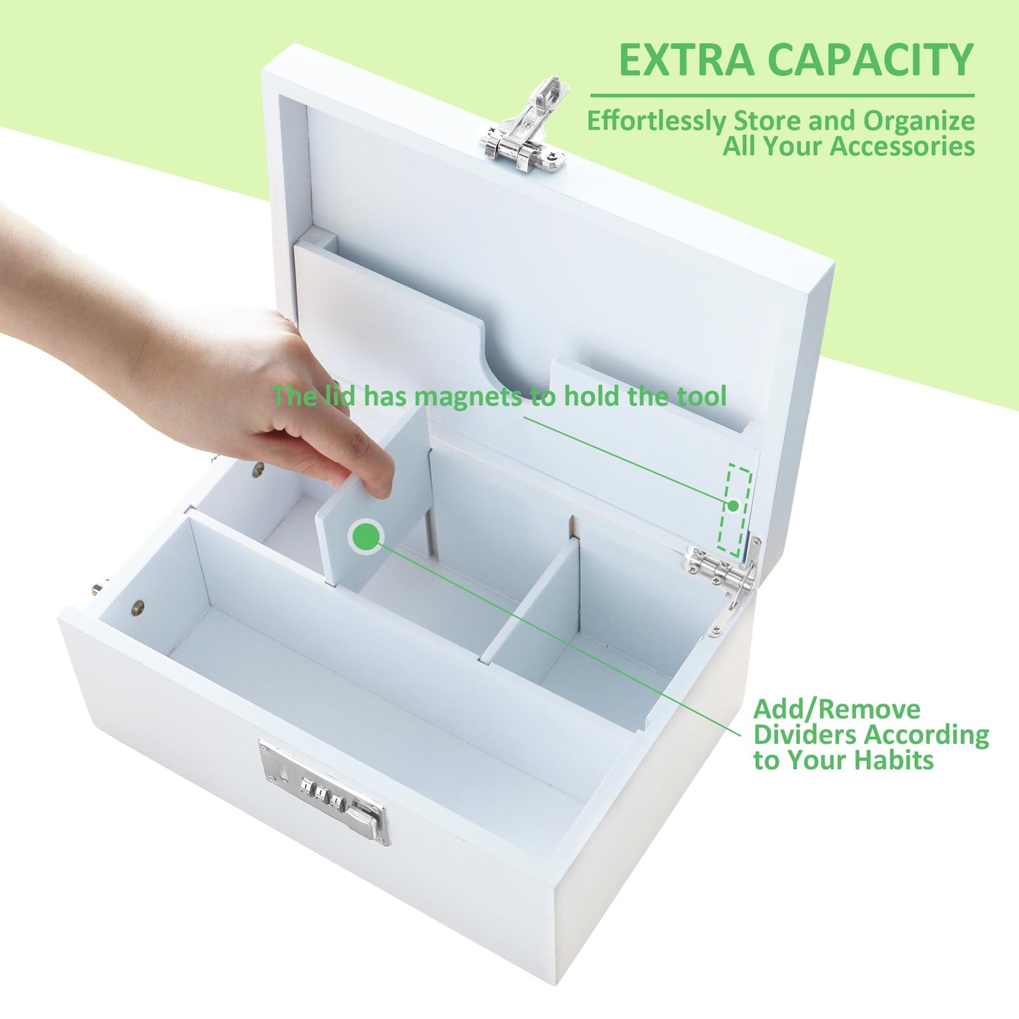 Bamboo Box with Combination Lock, Decorative Box with Handle, Large Storage Stash Box Set, Removable Dividers, 3 Glass Jars, Bamboo Herb Roller, Tray Insert & Smell Proof Accessory Tools Kit (Black)