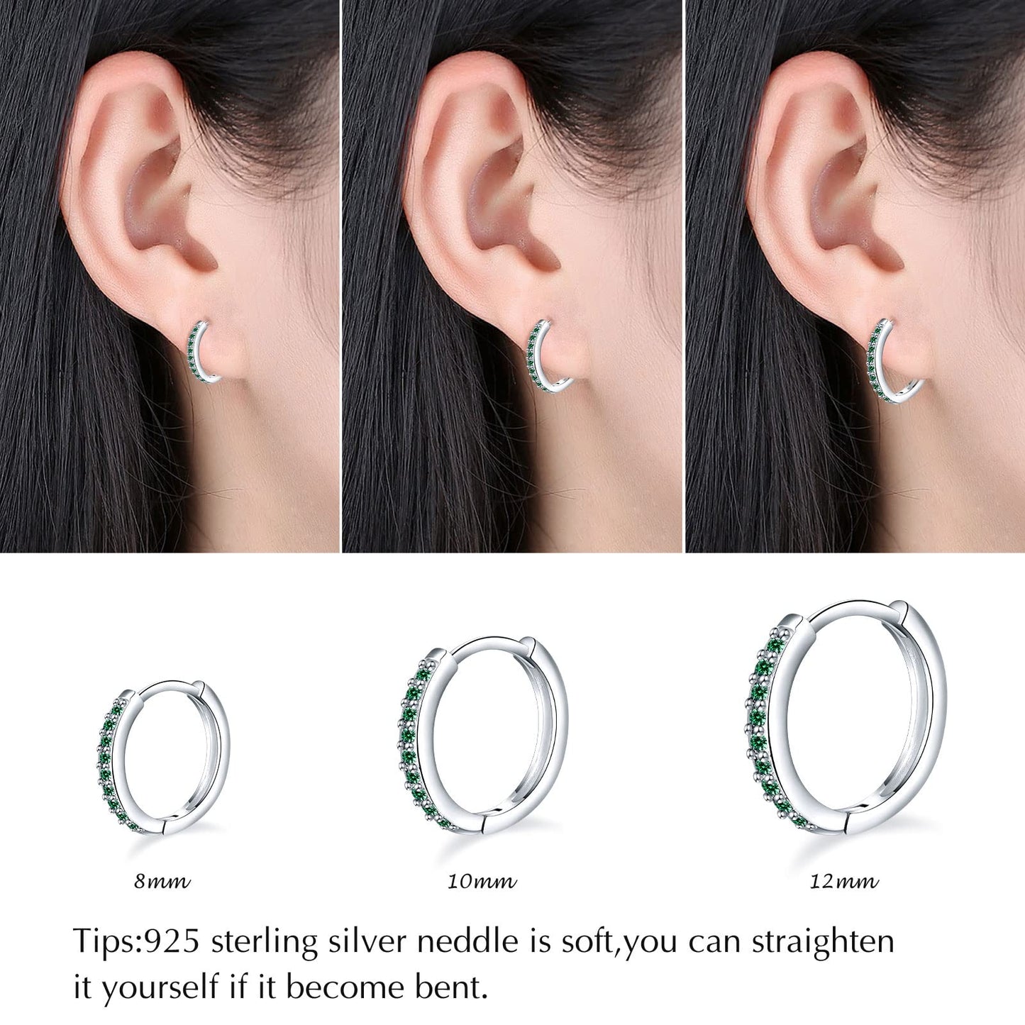 925 Sterling Silver Small Hoop Earrings Cubic Zirconia Huggie Hoop Earrings, 3 Pairs 14K White Gold Plated Cartilage Piercing Earrings Ear Cuff Tiny Hoop Earrings for Women Men