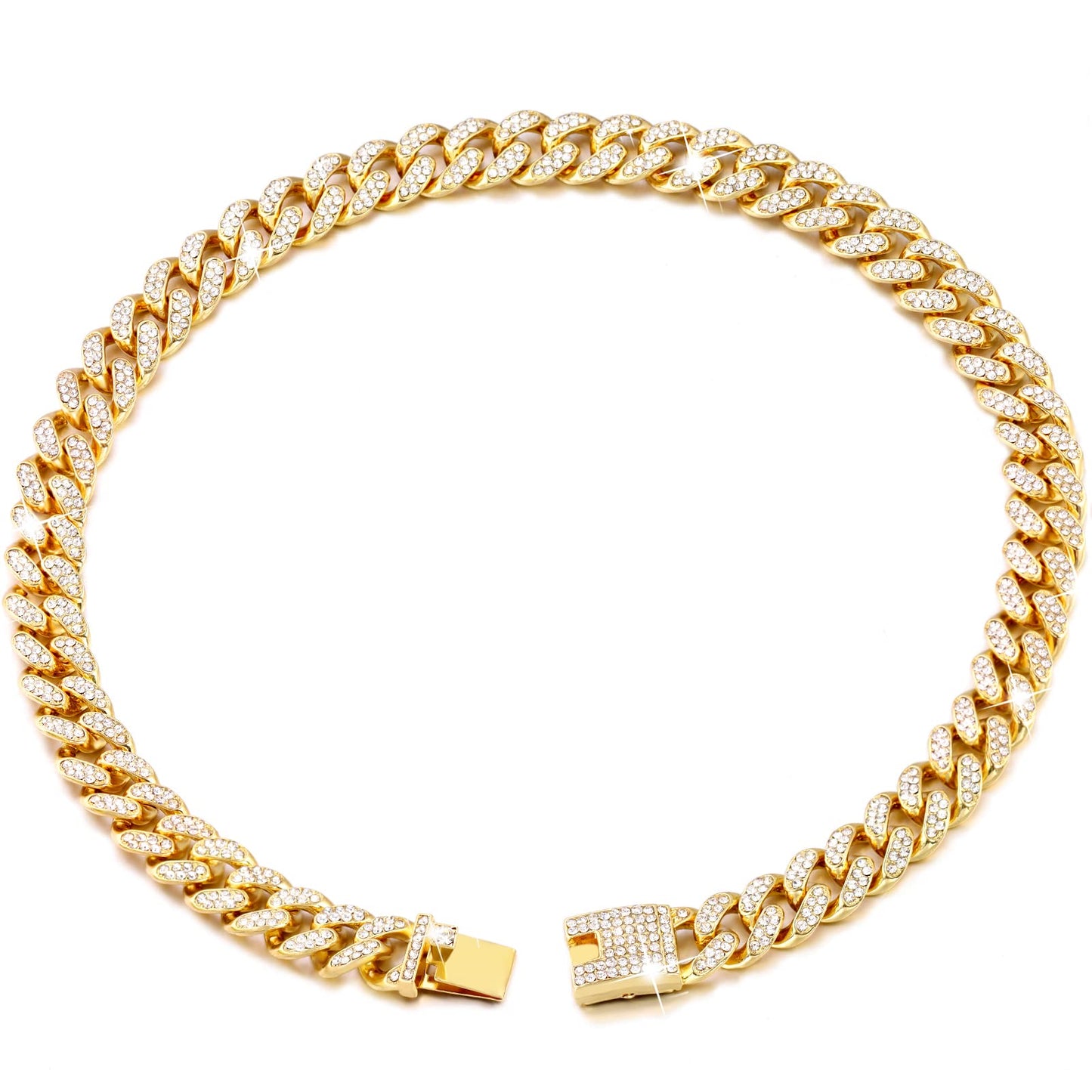 Cuban Link Dog Collar Gold Silver Color Metal Chain Diamond Pet Collars for Dogs Cats Jewelry 8/10/14/16/18/20/24/28 Inch (16inch, Gold)