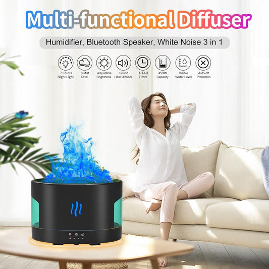 Oil Diffuser for Home Large Room,450ml Air Diffuser Humidifier with Bluetooth Speaker, White Noise and Remote, Flame Humidifier for Bedroom,Office, 7 Colors Diffuser Gifts