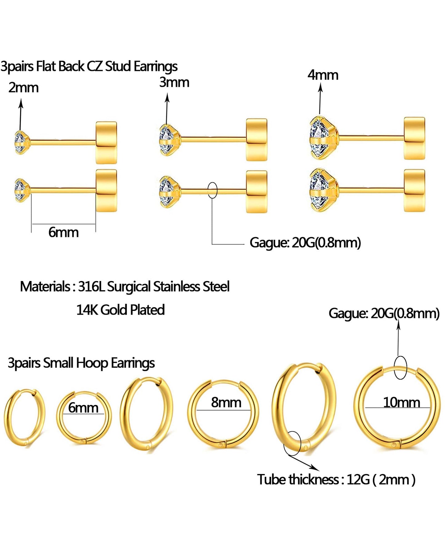 316L Surgical Stainless Steel Huggie Hoop Earrings 6mm 8mm 10mm 11mm 12mm 14mm Hypoallergenic Earrings Hoop Cartilage Helix Lobes Hinged Sleeper Earrings For Men Women Girls