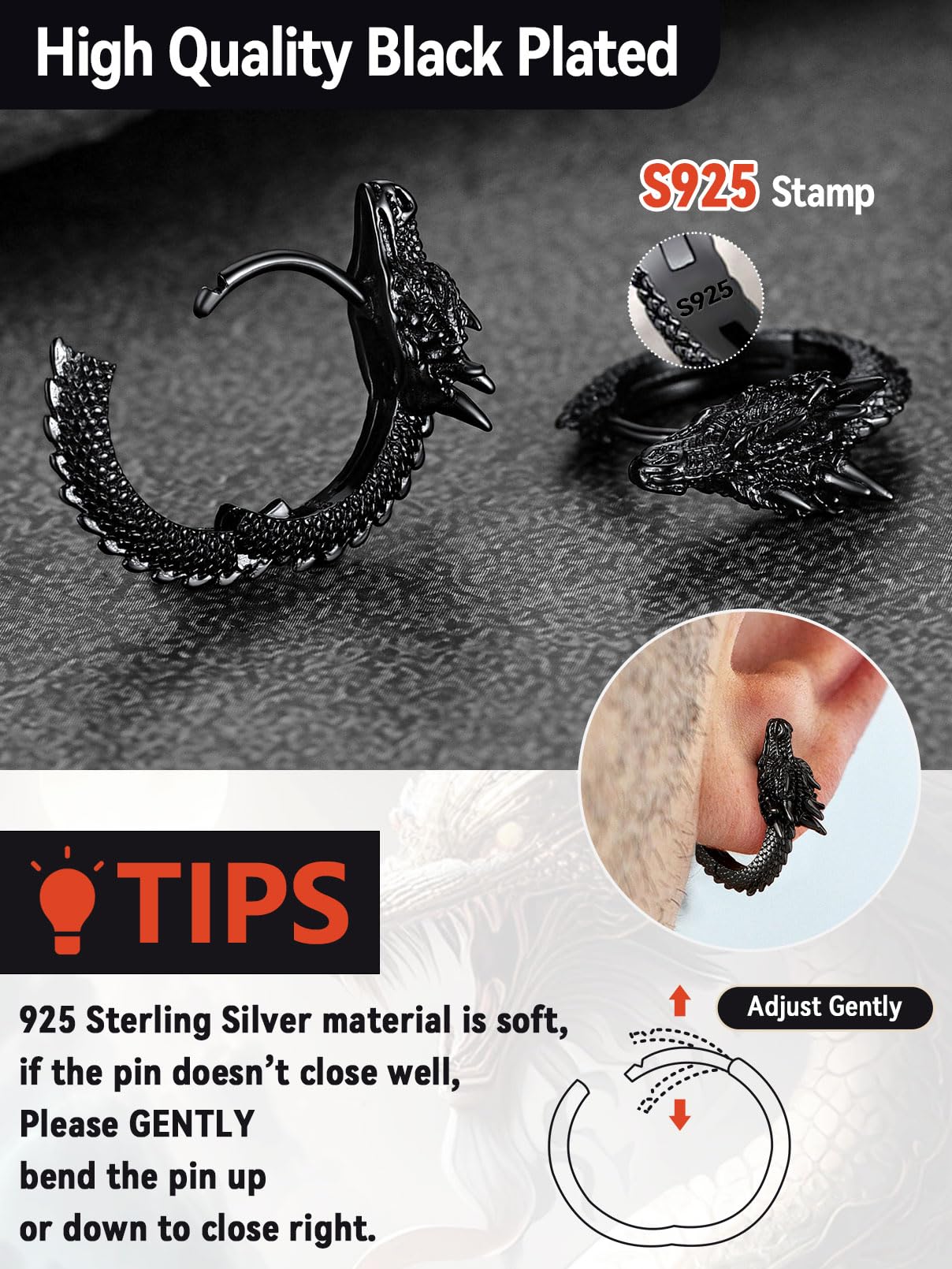 FaithHeart Dragon/Dinosaur/Snake Hoop Earrings for Men, Sturdy Stainless Steel Punk Biker Animals Hypoallergenic Jewelry, Gift Box