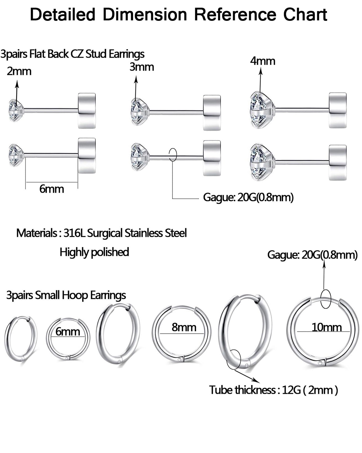 316L Surgical Stainless Steel Huggie Hoop Earrings 6mm 8mm 10mm 11mm 12mm 14mm Hypoallergenic Earrings Hoop Cartilage Helix Lobes Hinged Sleeper Earrings For Men Women Girls